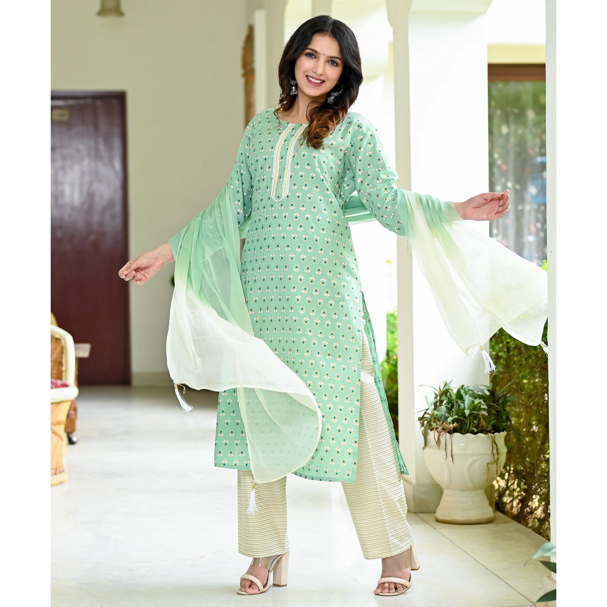 Green Floral Foil Printed Pure Cotton Suit