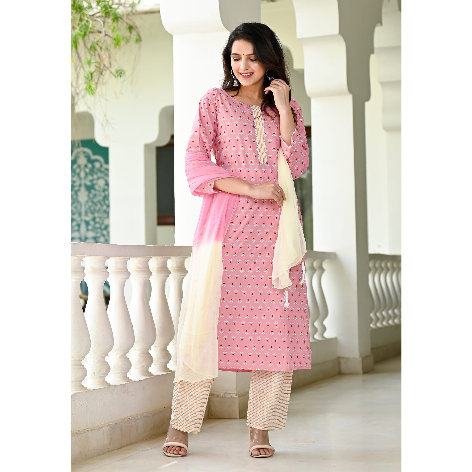 Pink Floral Foil Printed Pure Cotton Suit