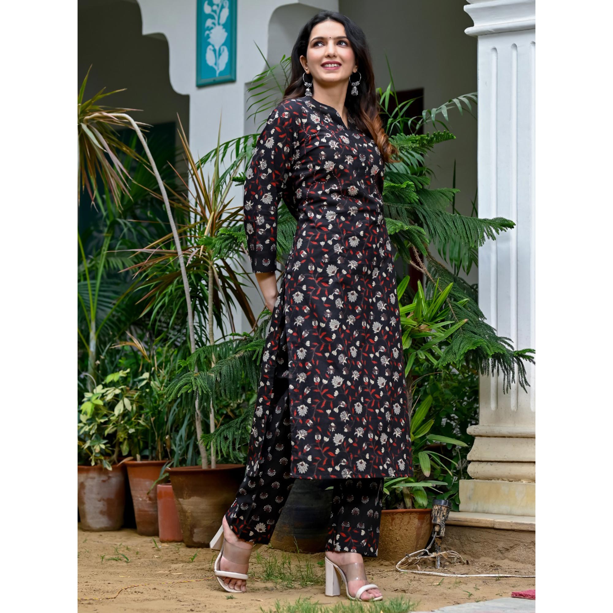 Black Floral Printed Pure Cotton Kurti Pant Set