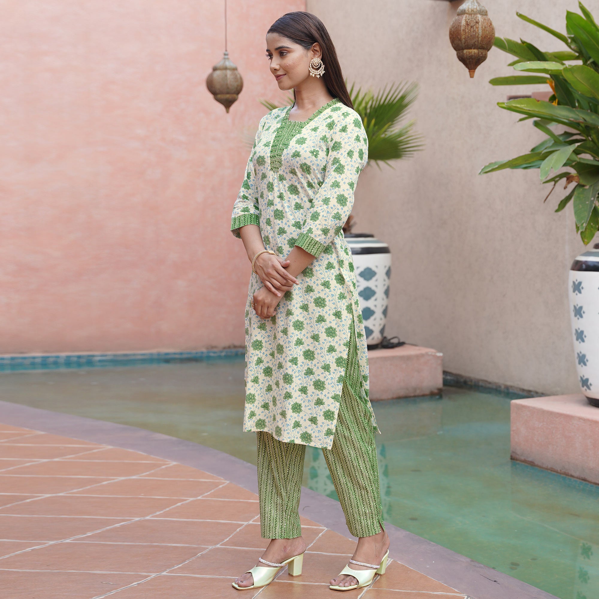 White & Green Floral Printed Pure Cotton Suit