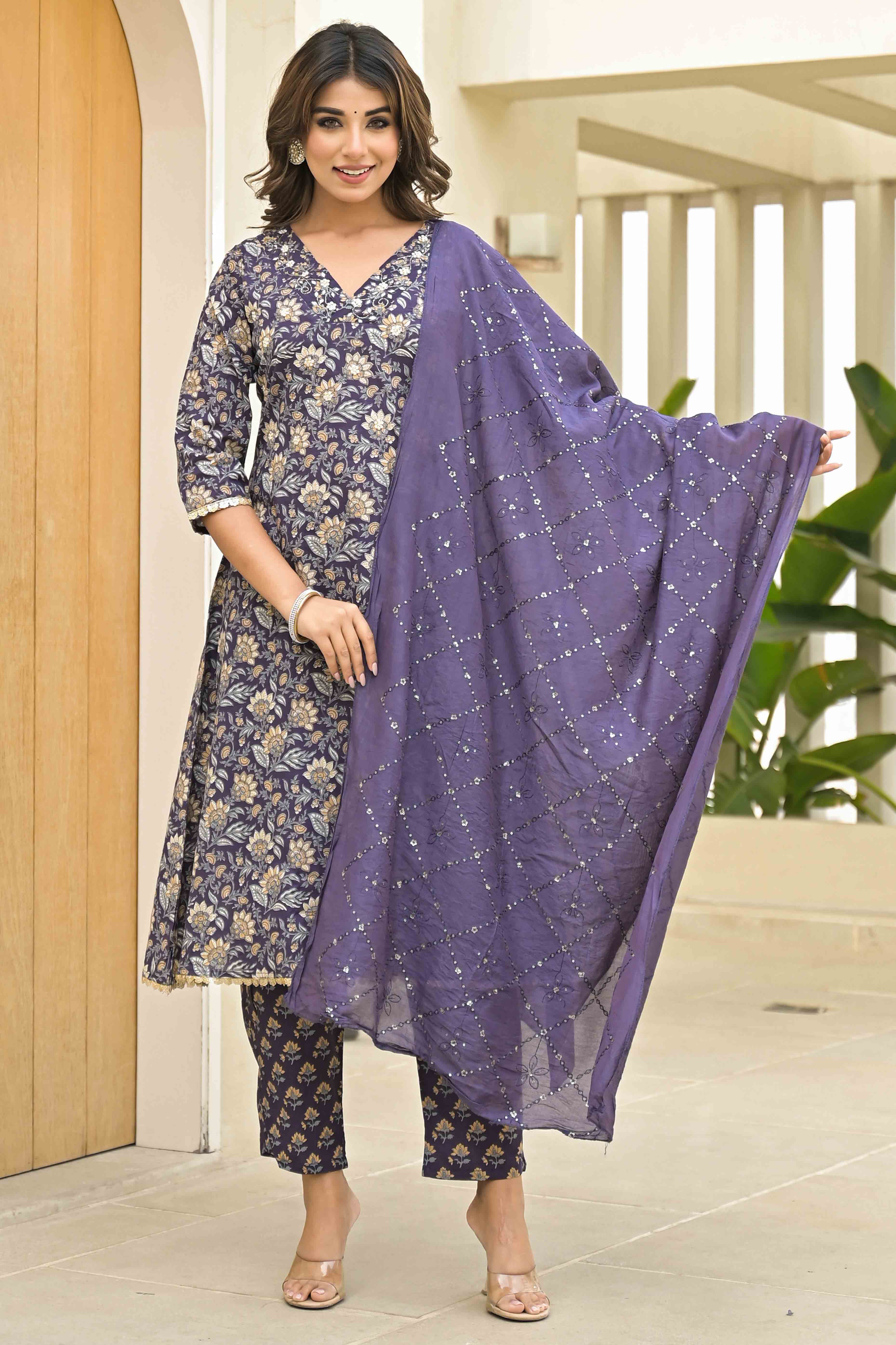 Wine Floral Printed Pure Cotton A-Line Salwar Suit