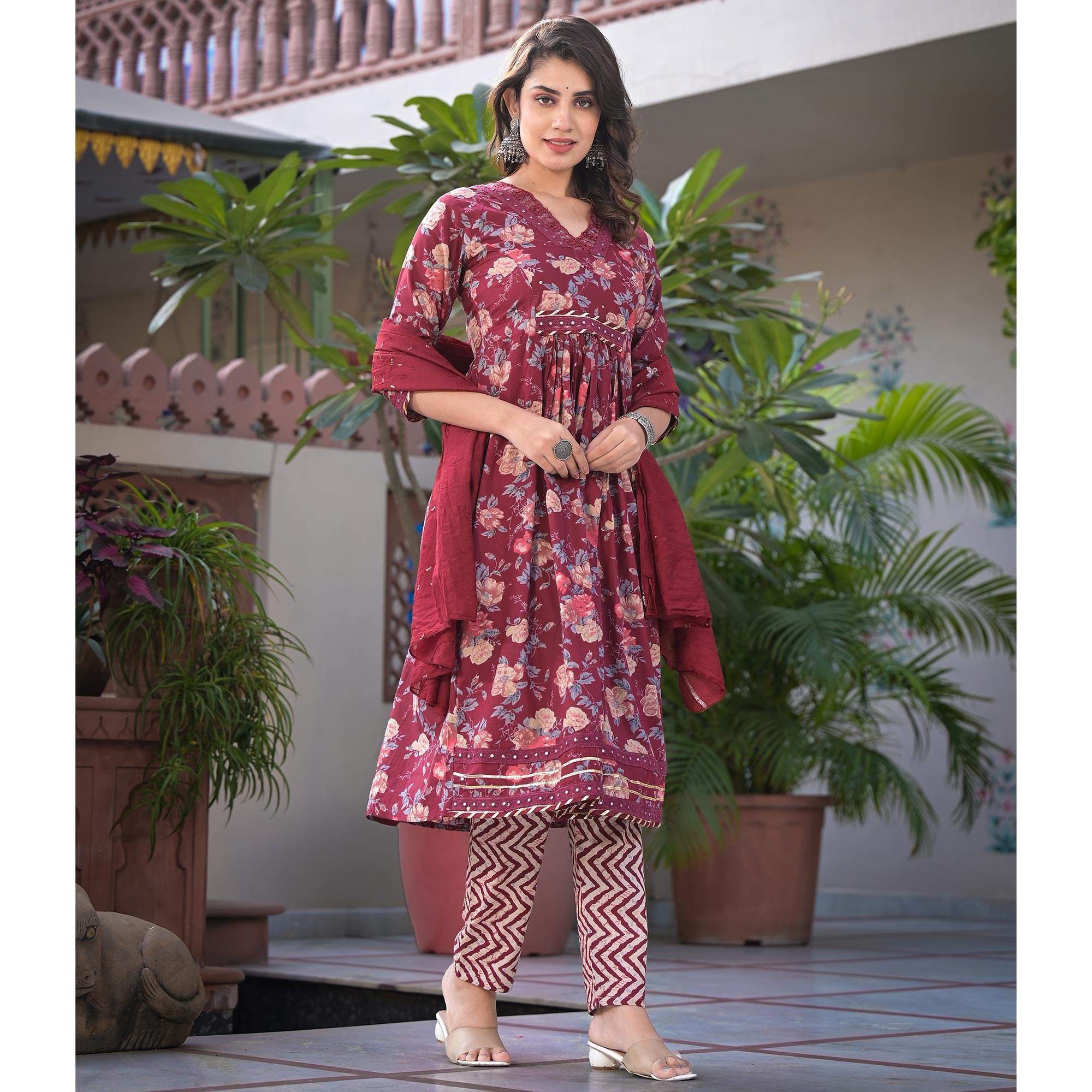 Maroon Floral Printed Pure Cotton Anarkali Salwar Suit