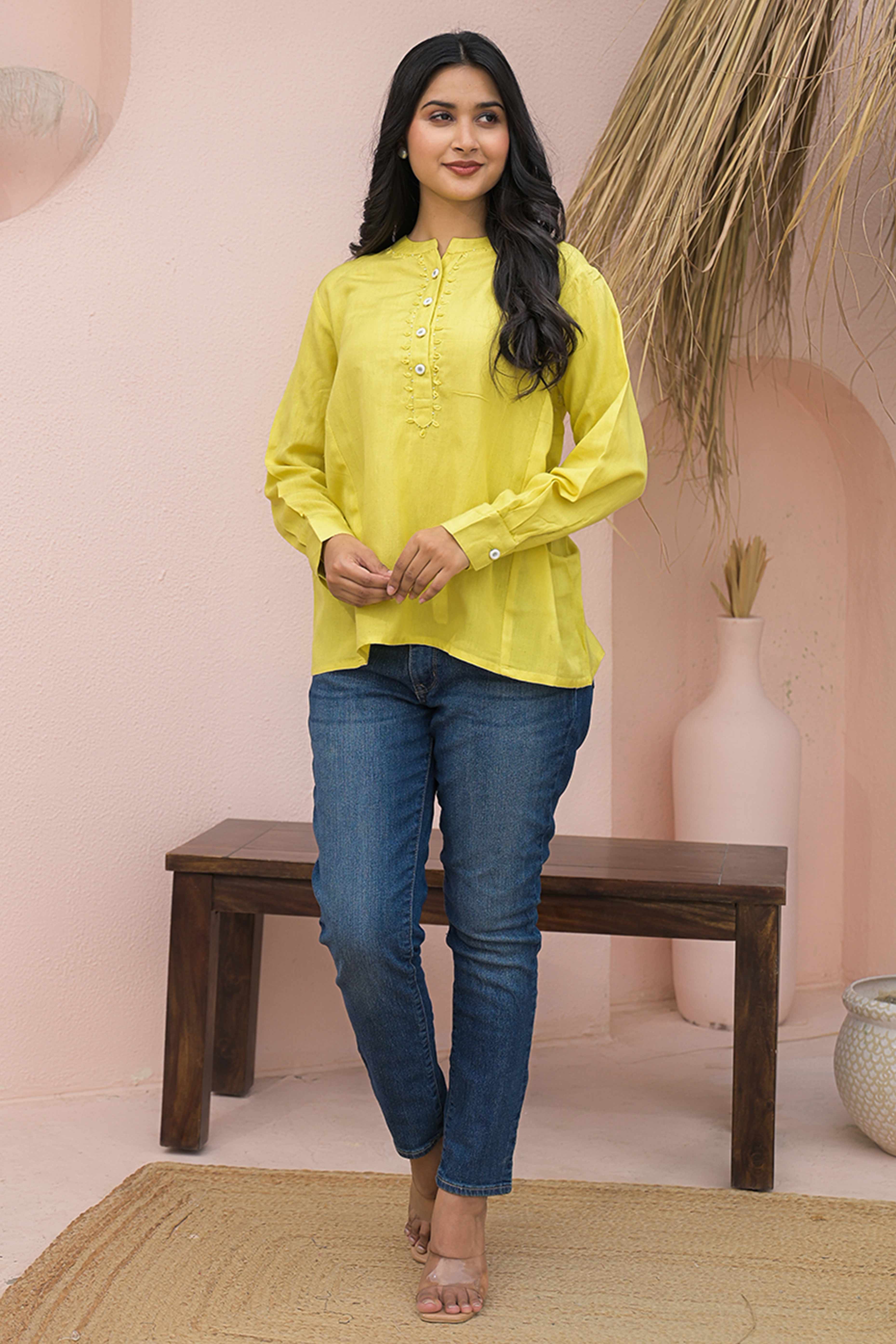 Bright Lemon Yellow Solid Cotton Top With Flowy A-Line Fit
