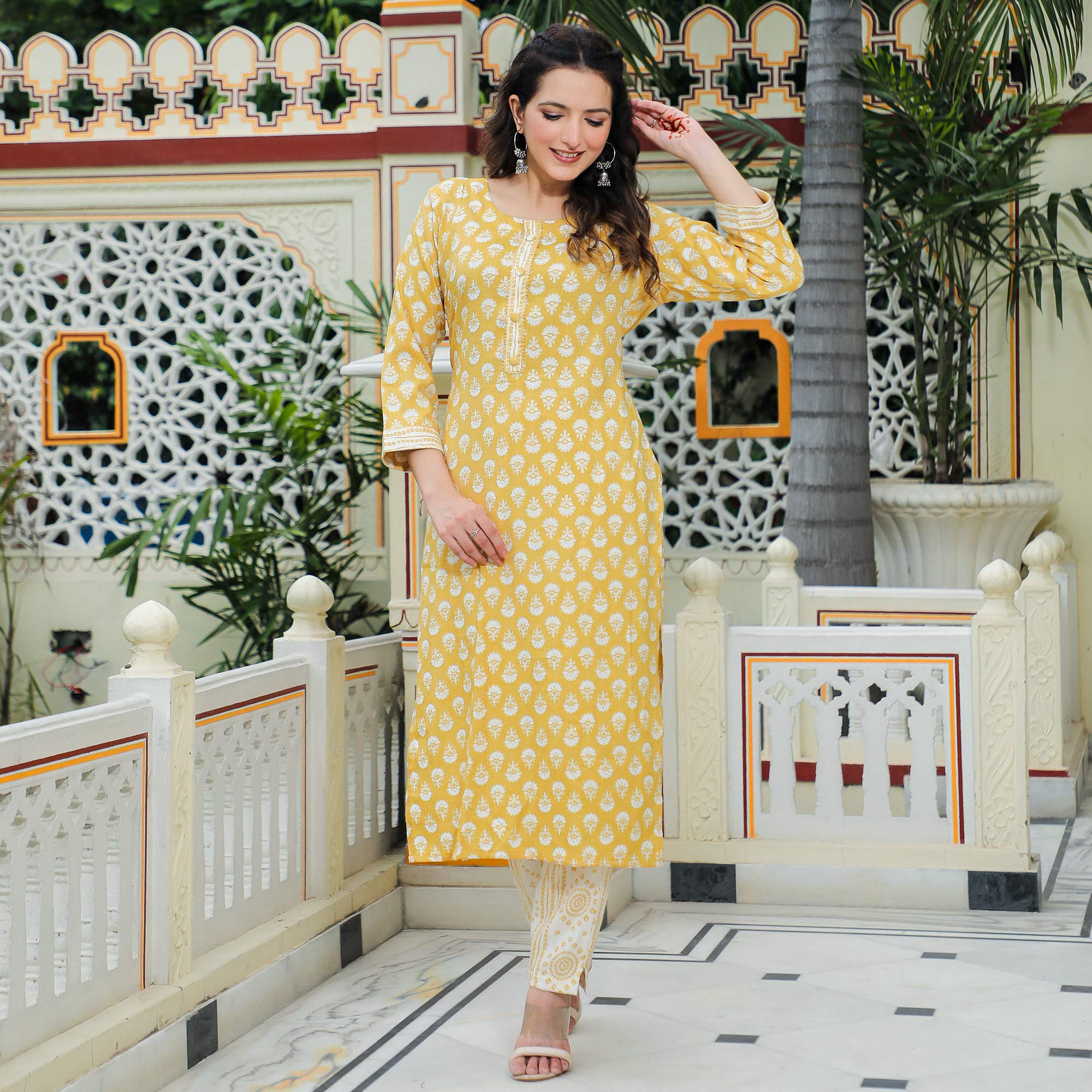 Yellow Floral Foil Printed Rayon Suit