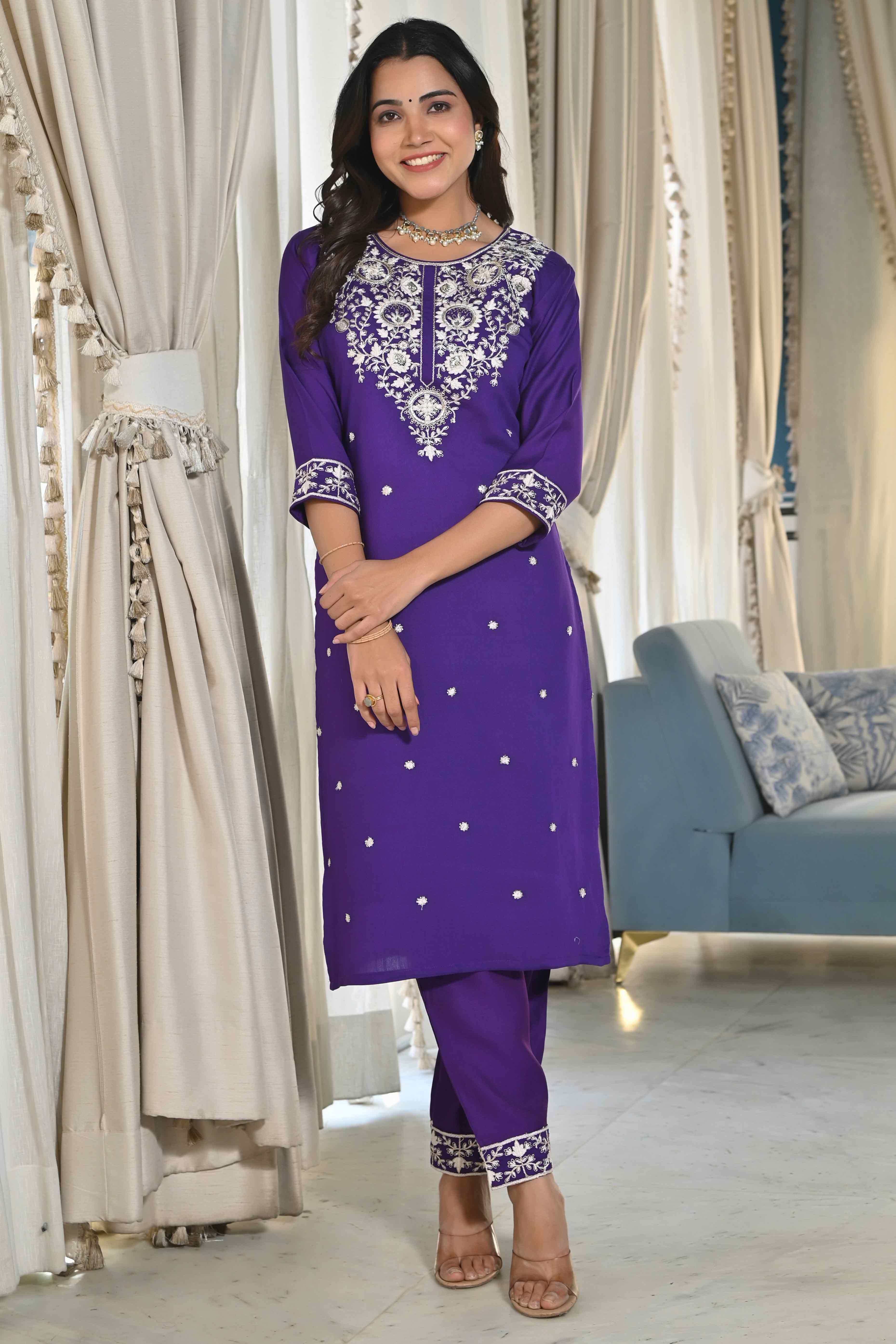 Violet Sequins Embroidered Cotton Silk Salwar Suit