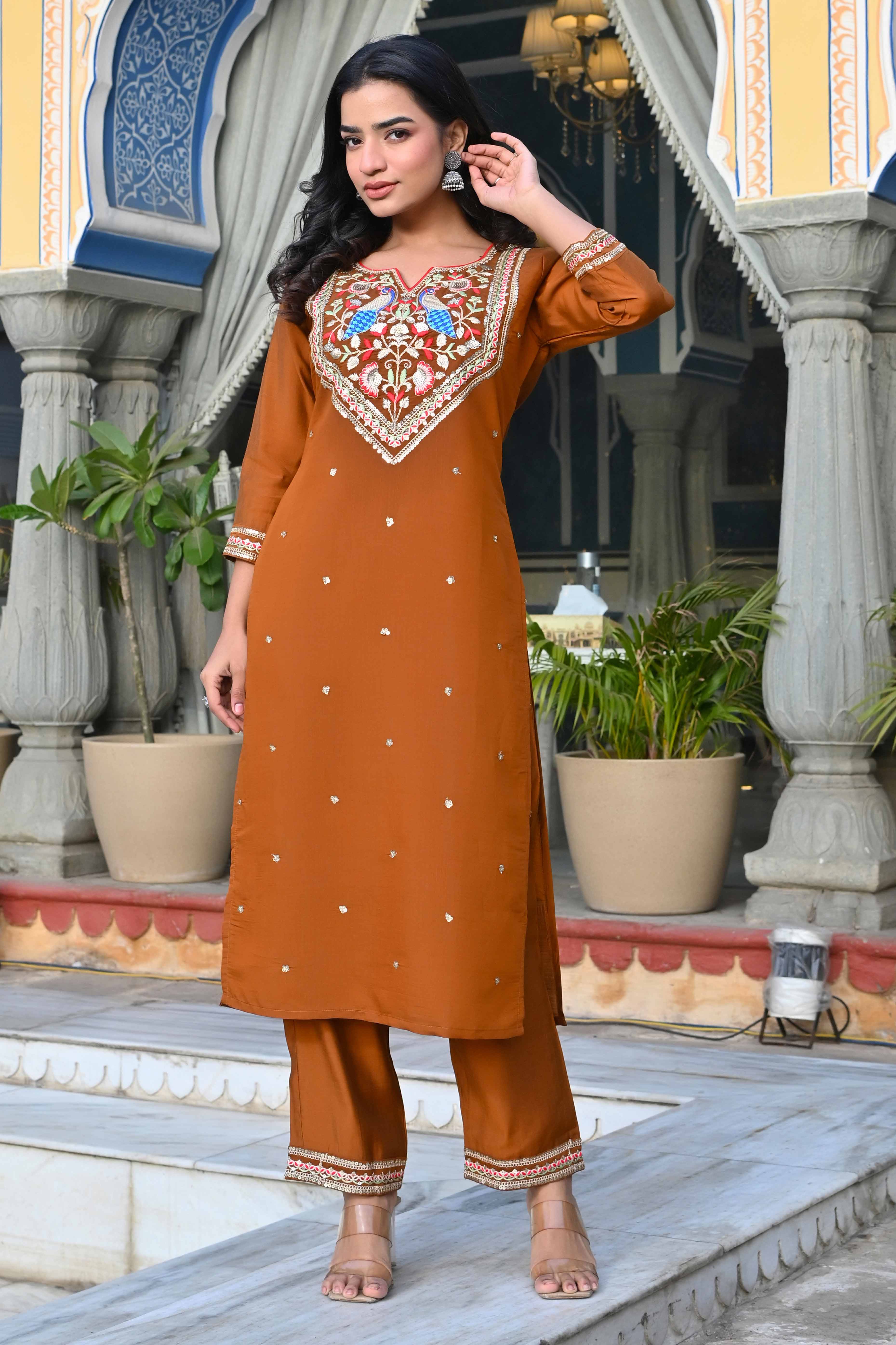 Brown Sequins Embroidered Viscose Salwar Suit