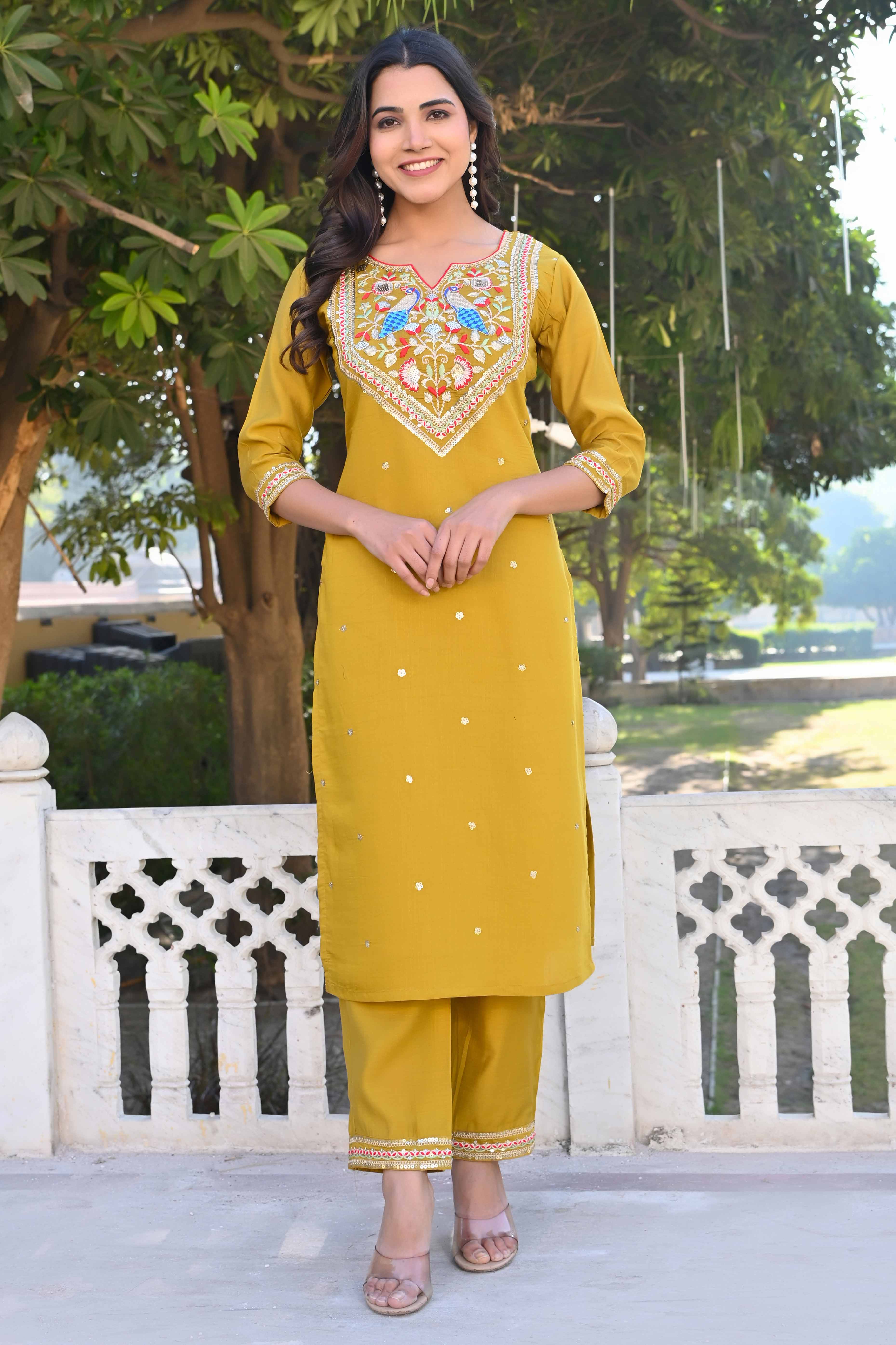 Mustard Sequins Embroidered Viscose Salwar Suit