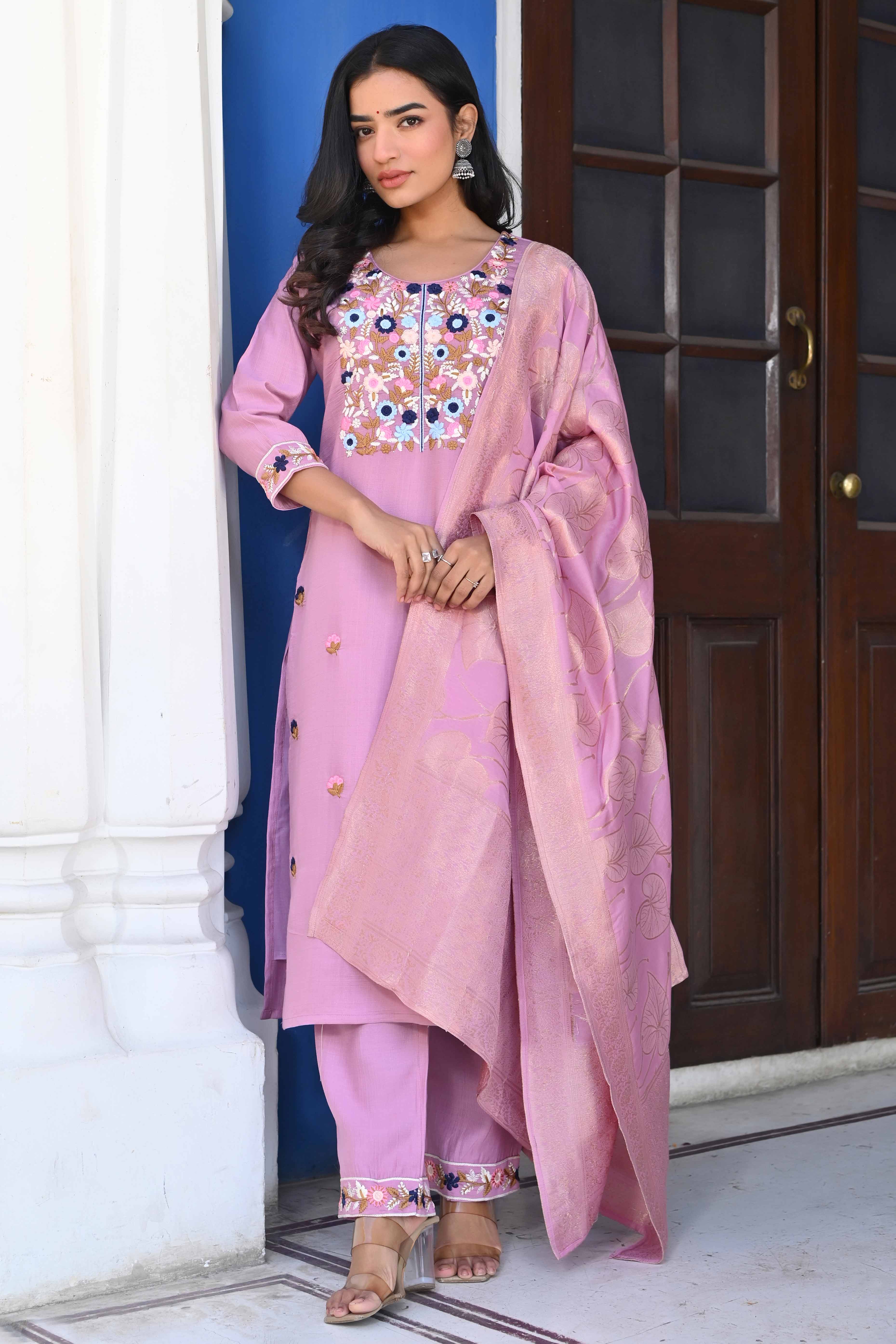 Lavender Sequins Embroidered Viscose Salwar Suit