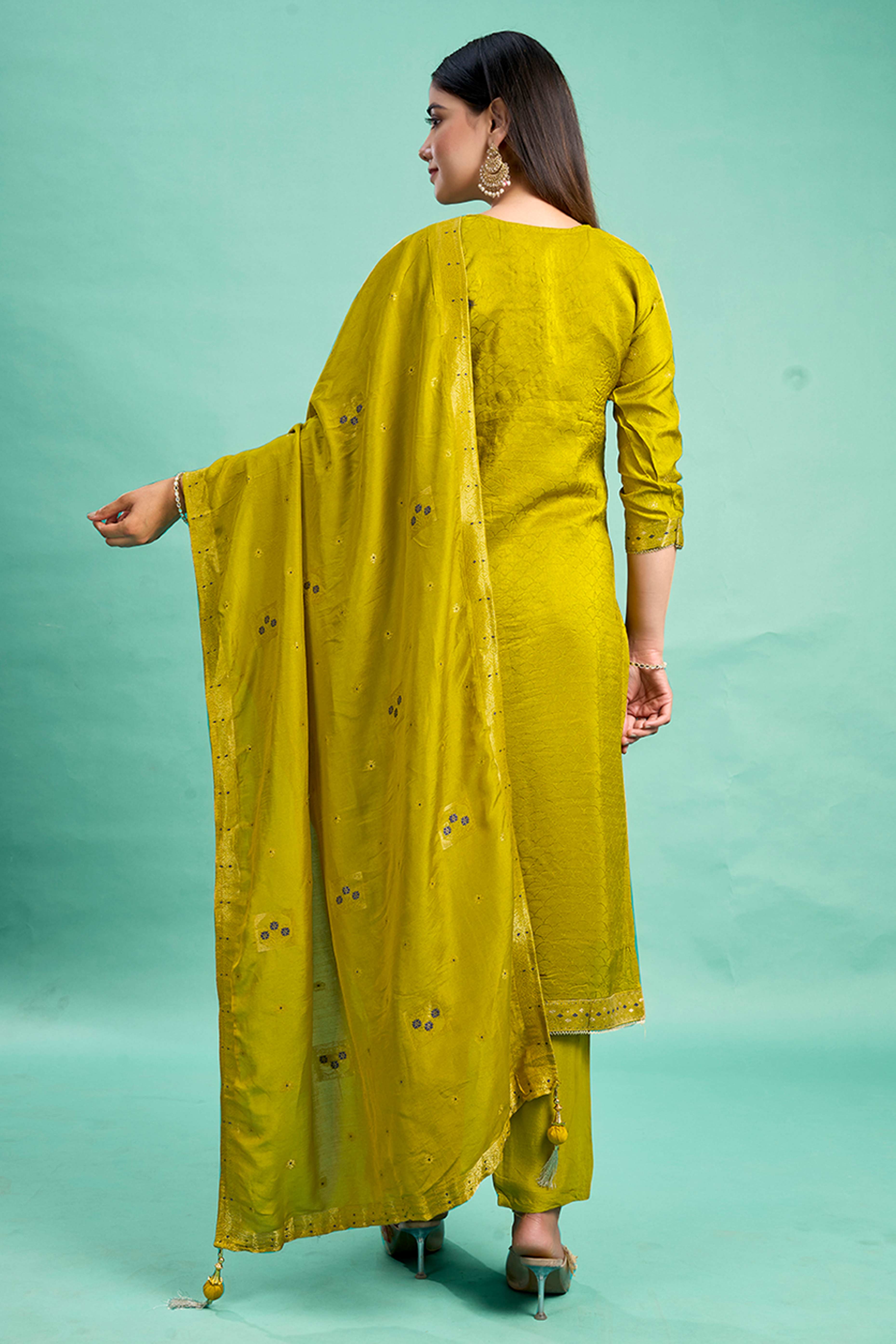 Olive Stone Work Weaving Pure Viscose Salwar Suit