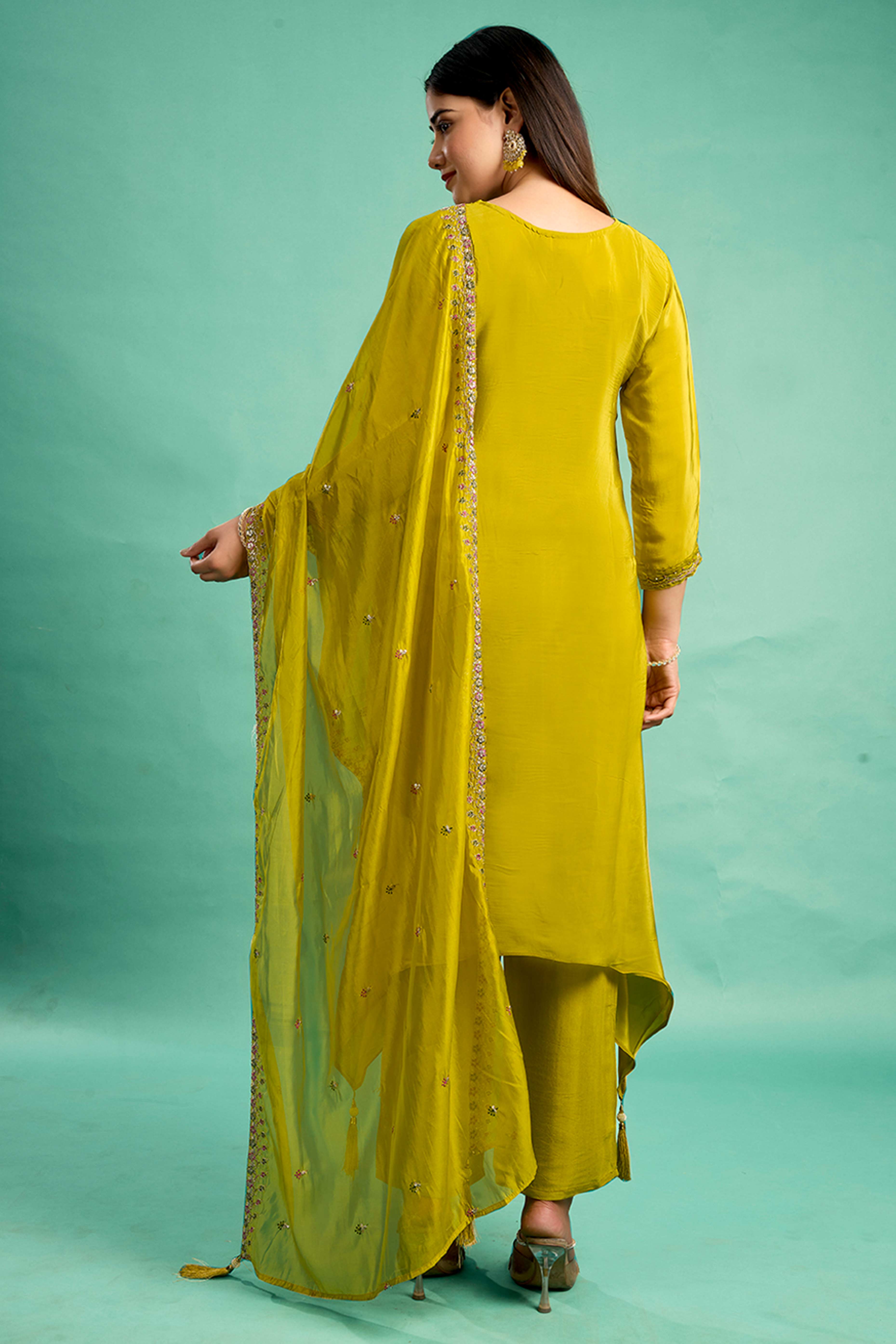 Green Sequins Embroidered Viscose Crepe Straight Salwar Suit