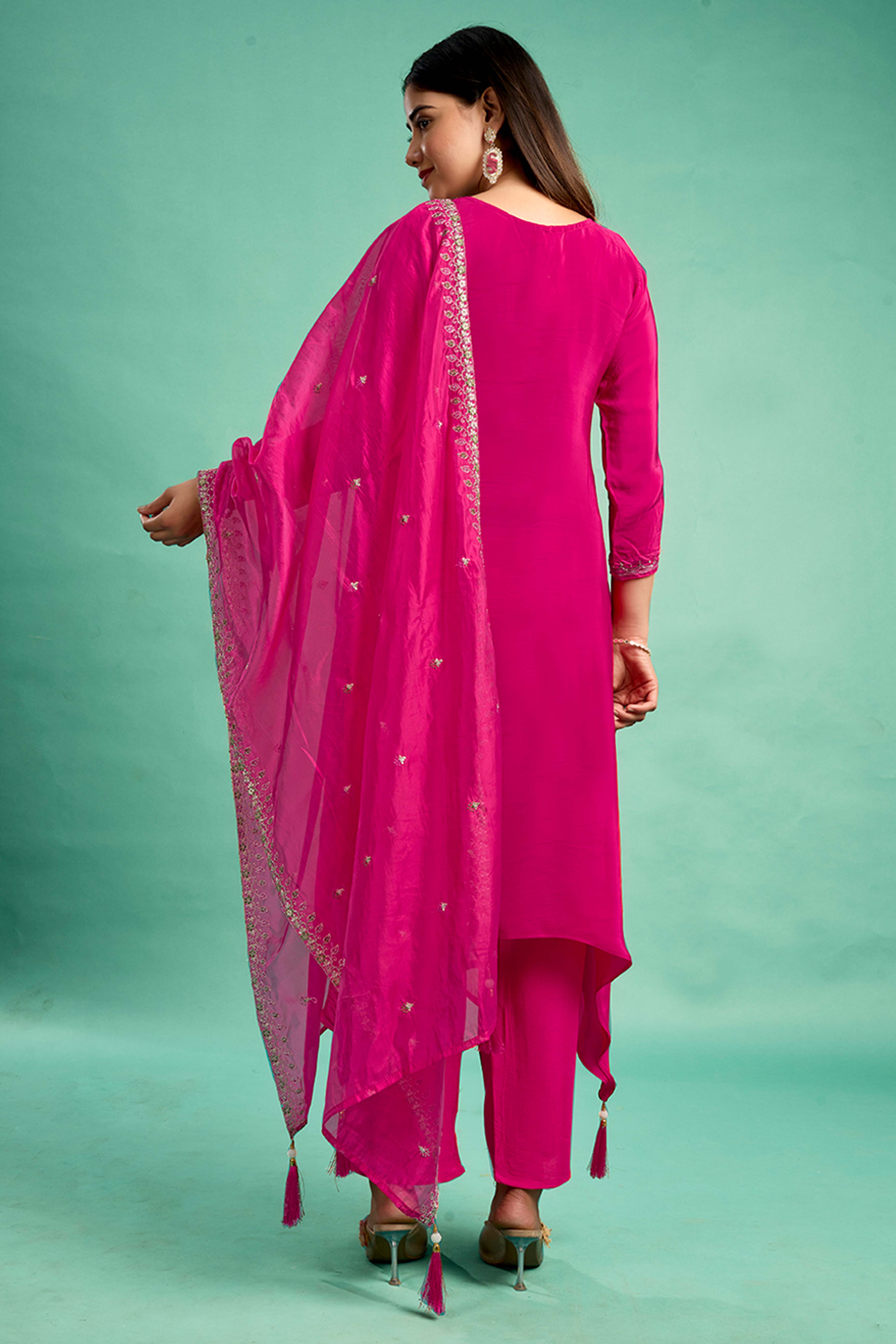 Rani Pink Sequins Embroidered Viscose Crepe Straight Salwar Suit
