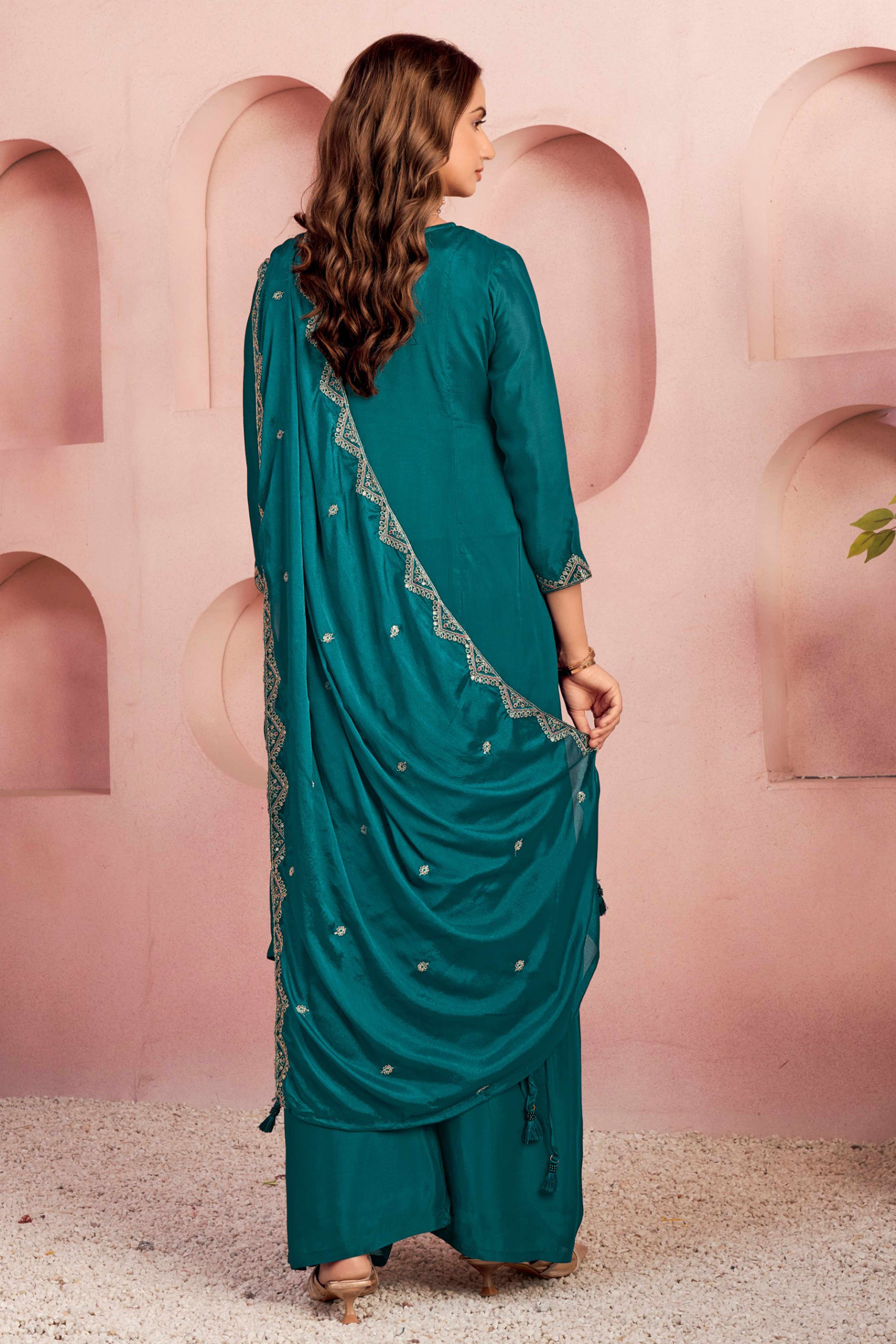 Teal Viscose Chinon A-Line Suit with Elegant Thread Embroidery