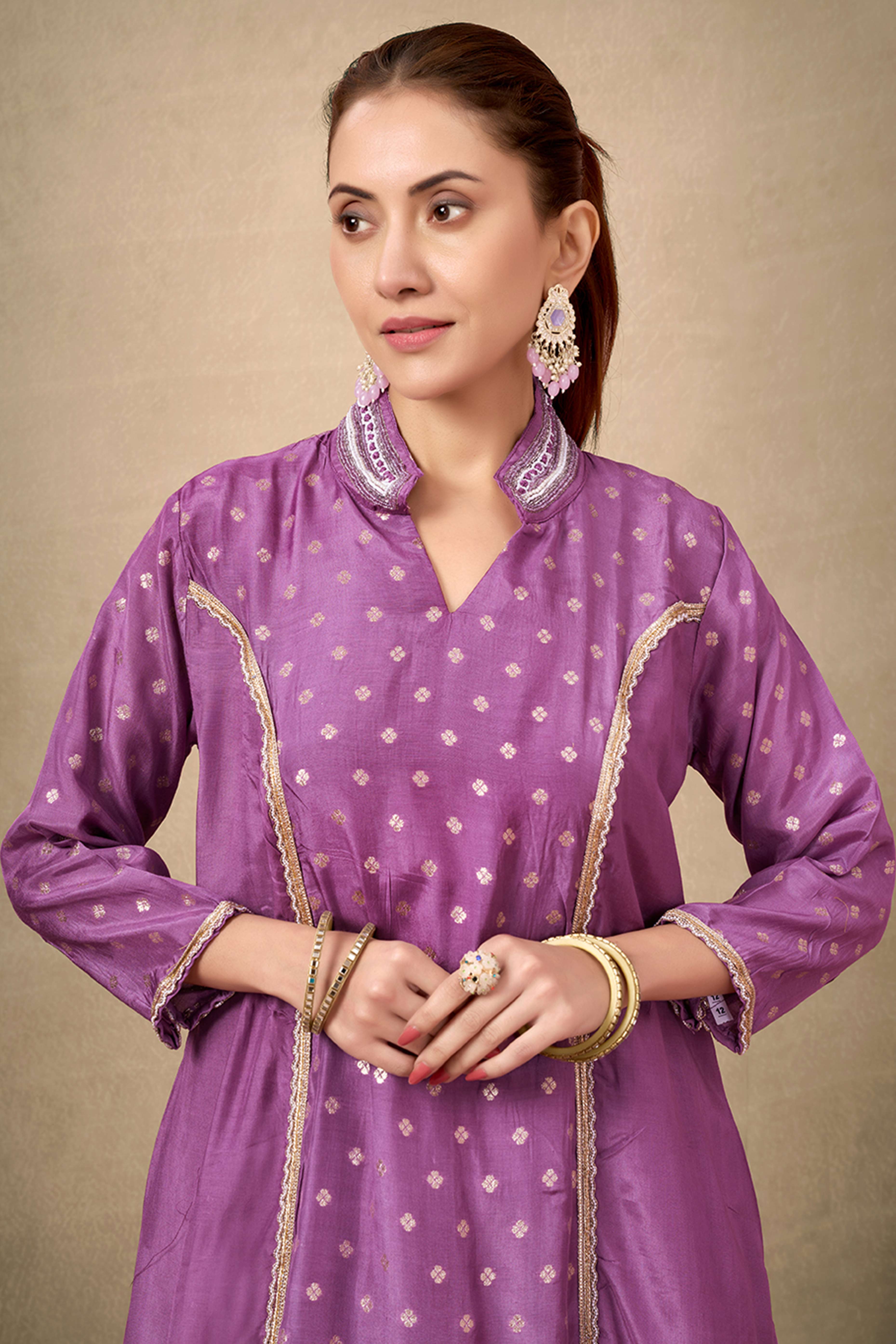 Lavender Silk Blend A-Line Top Bottom Set With Zari Weaving And Stone Work