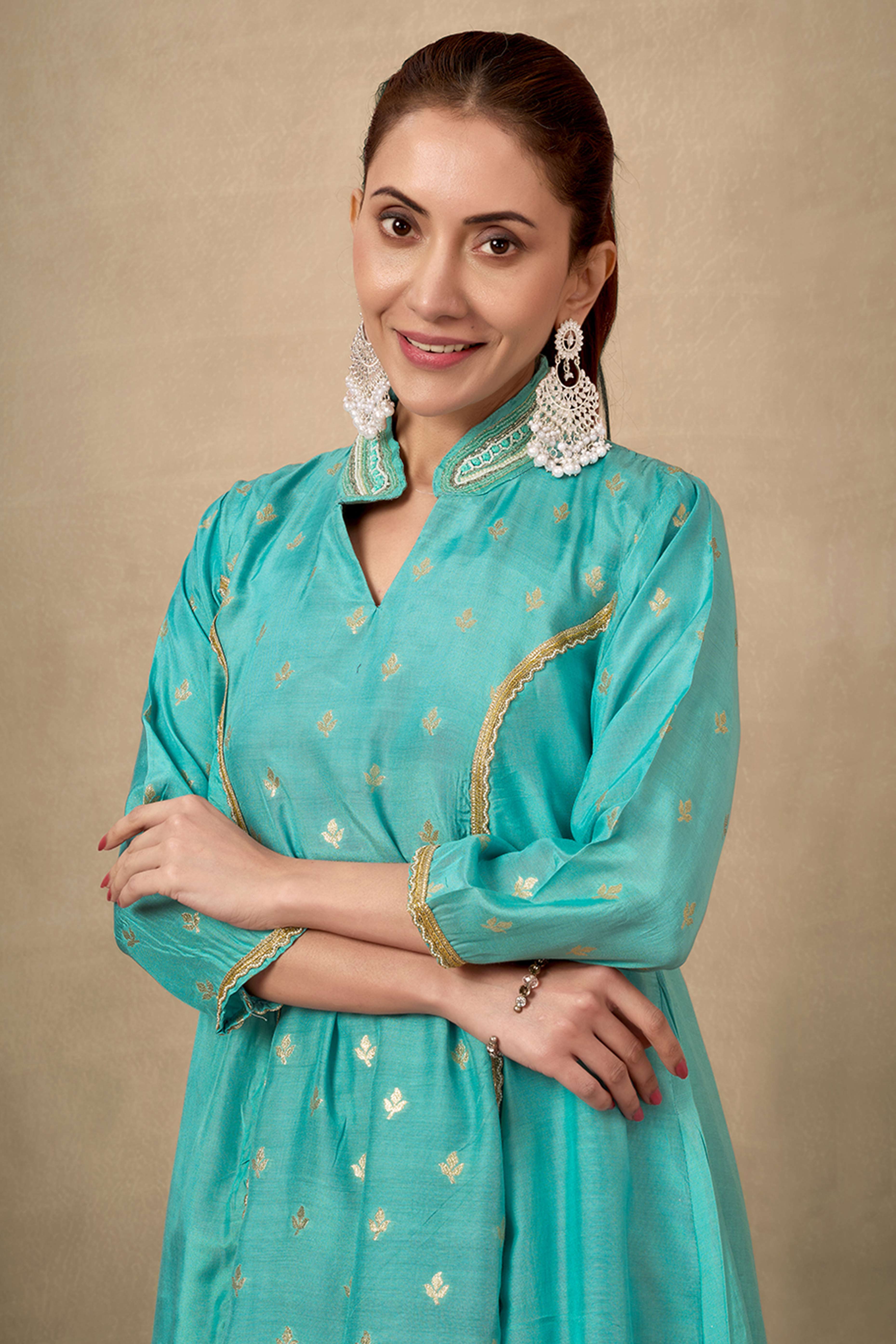 Turquoise Silk Blend A-Line Top Bottom Set With Zari Weaving And Stone Work