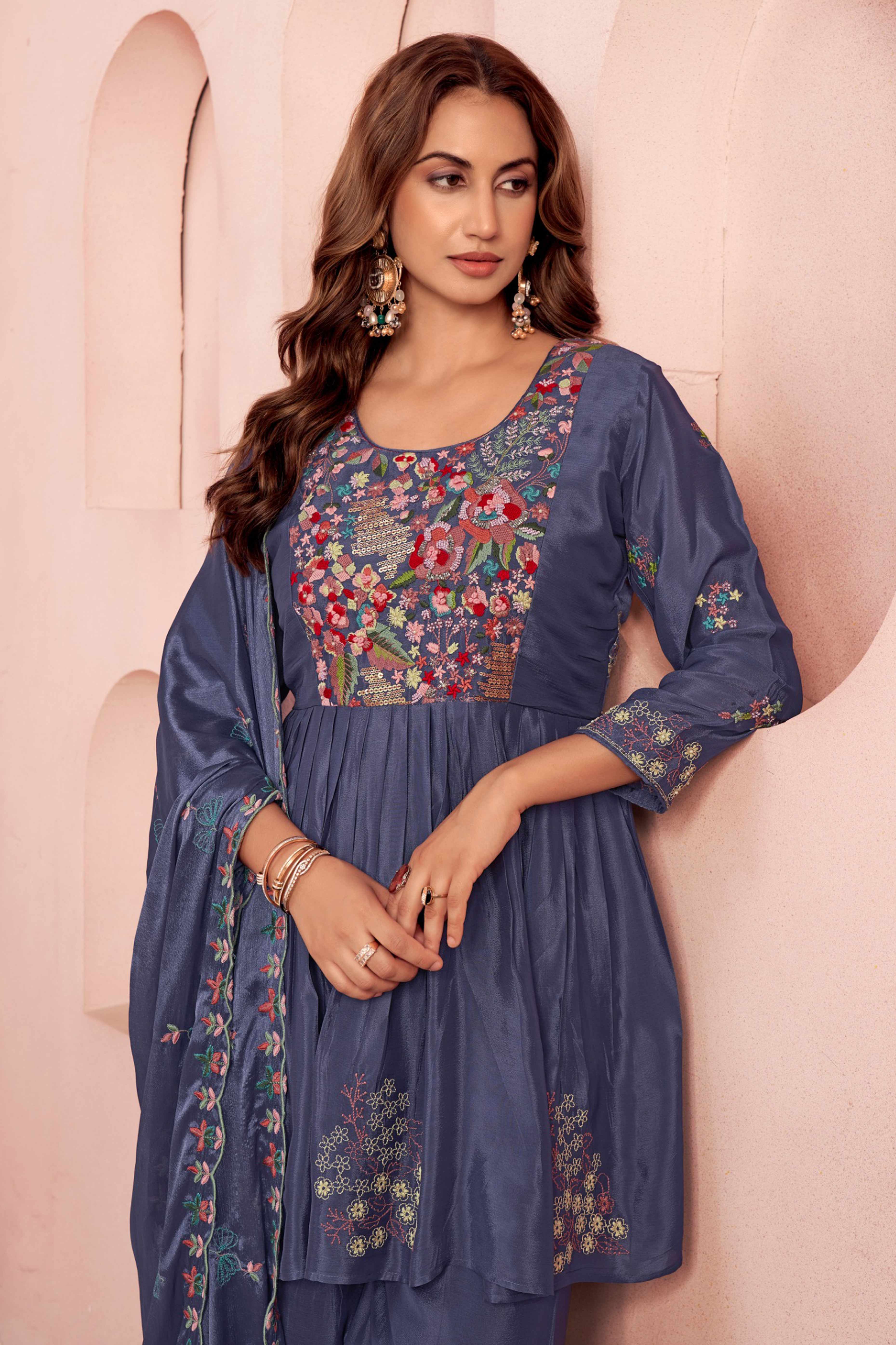 Dark Purple Viscose Chinon Salwar Suit with Handcrafted Floral Embroidery