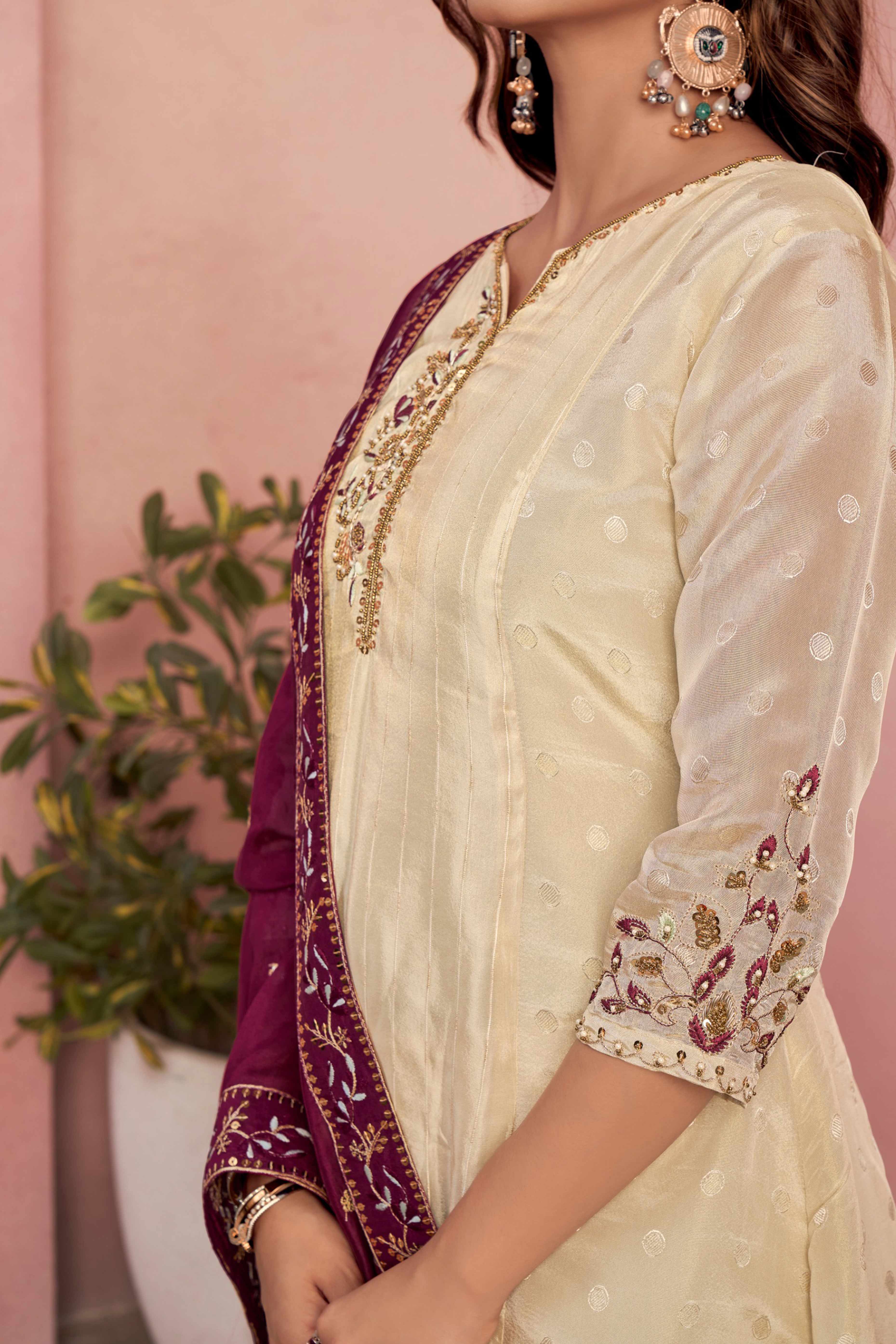 Embroidered Off White Salwar Suit in Pure Viscose with Shimmering Beads Highlights