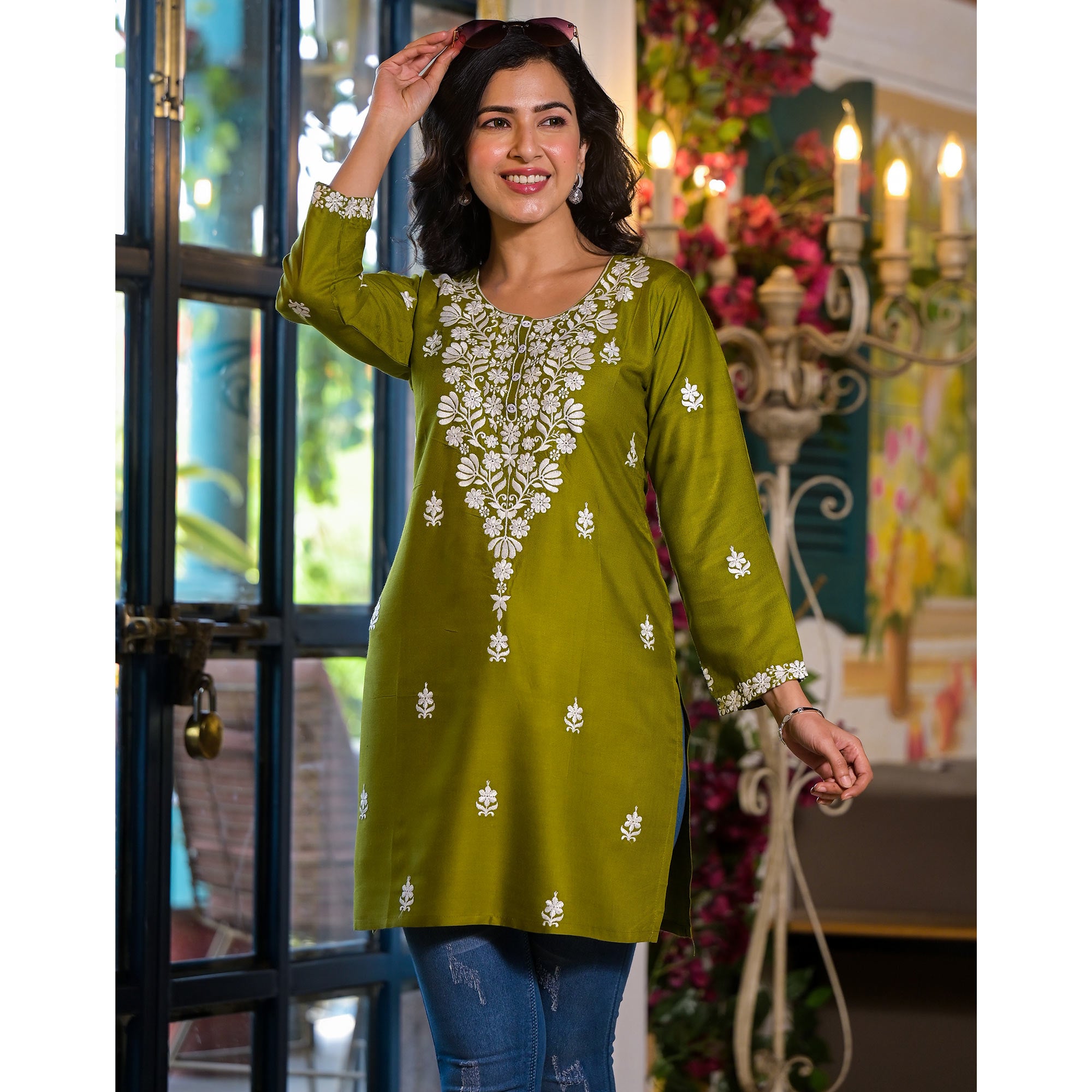 Green Embroidered Rayon Straight Top