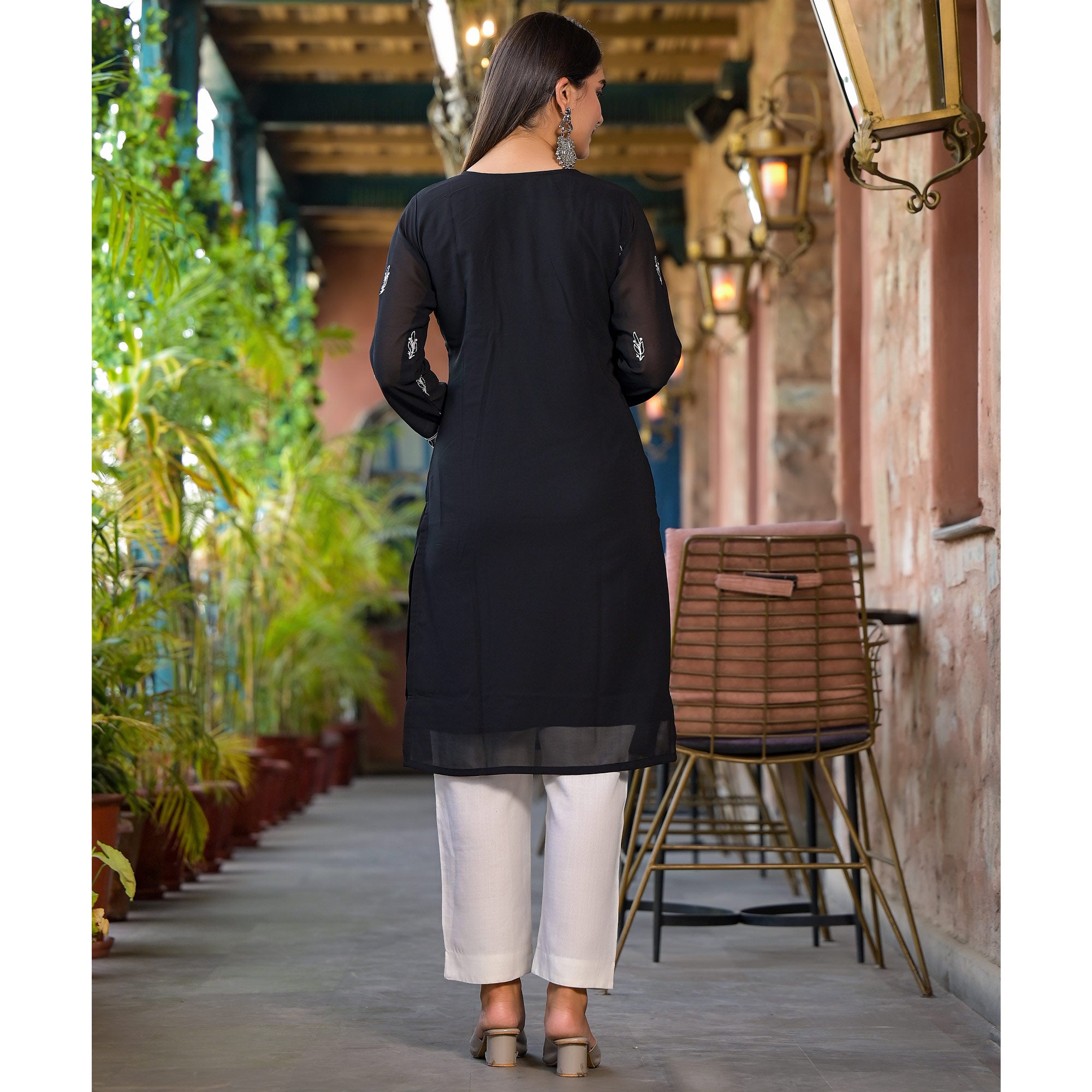 Black Embroidered Georgette Straight Kurti