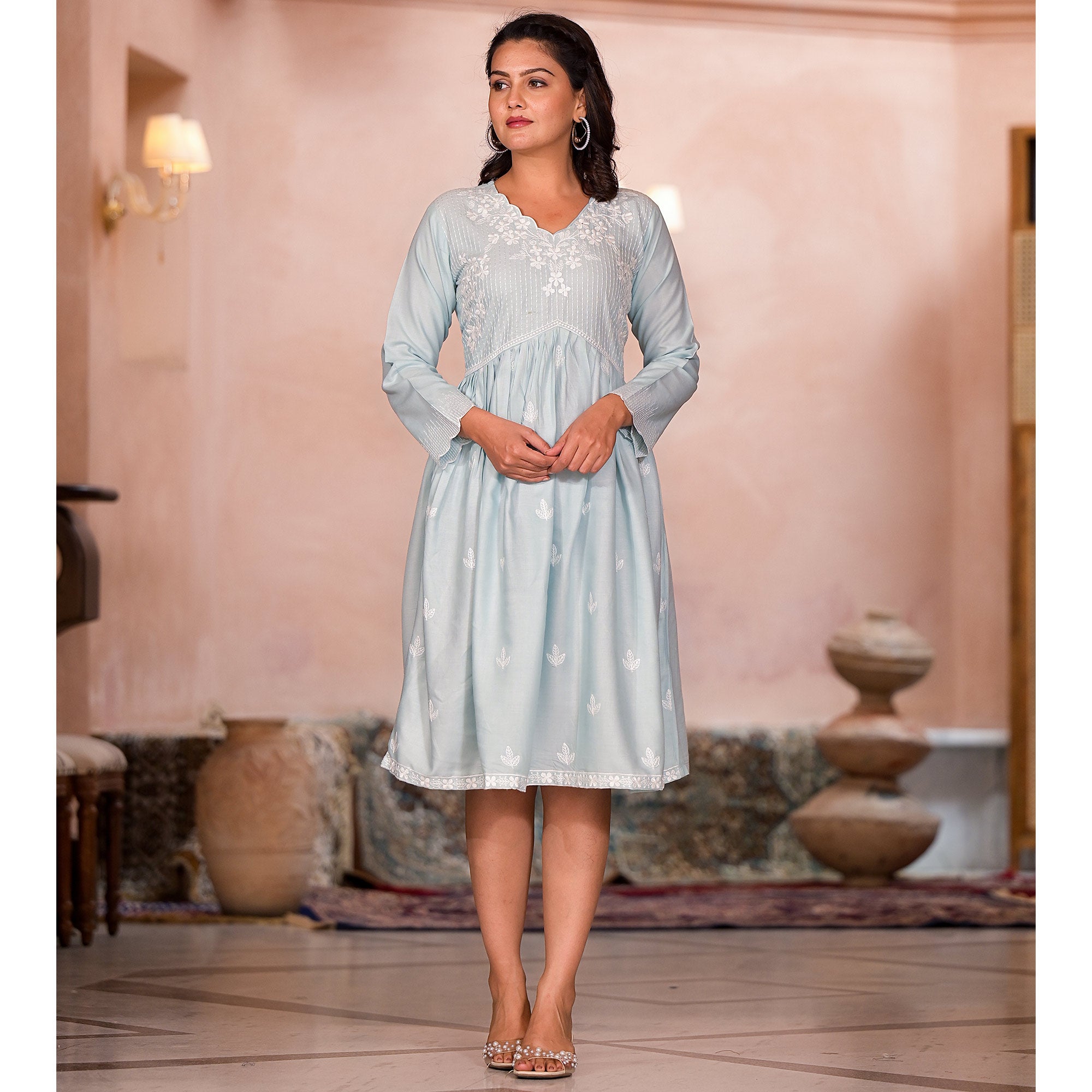 Light Turquoise Embroidered Rayon A-Line Dress