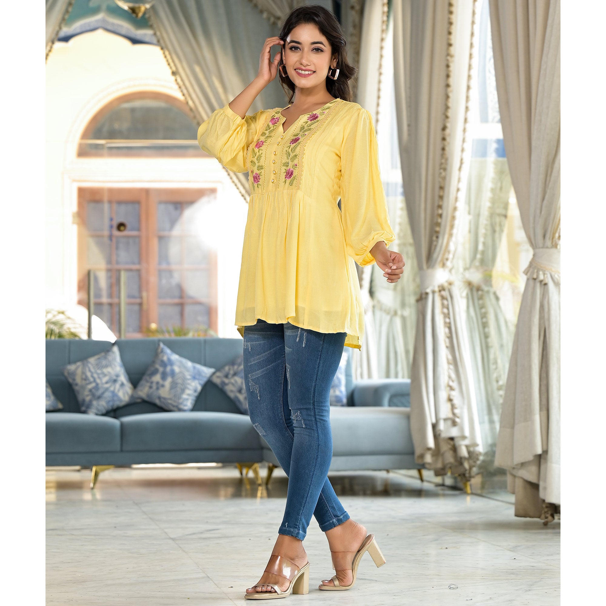 Yellow Yoke Embroidered Rayon A-Line Top