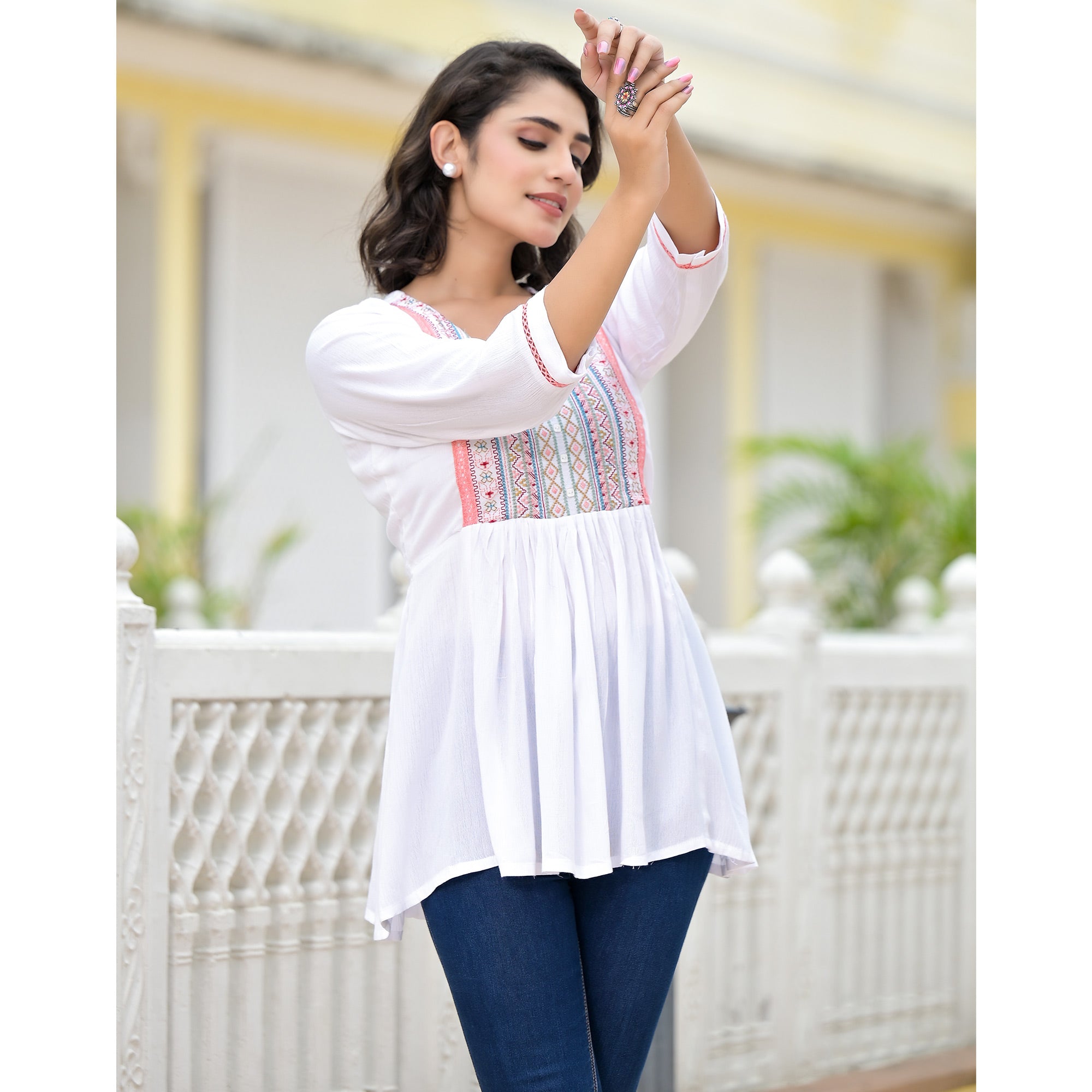 White Yoke Embroidered Rayon A-Line Top