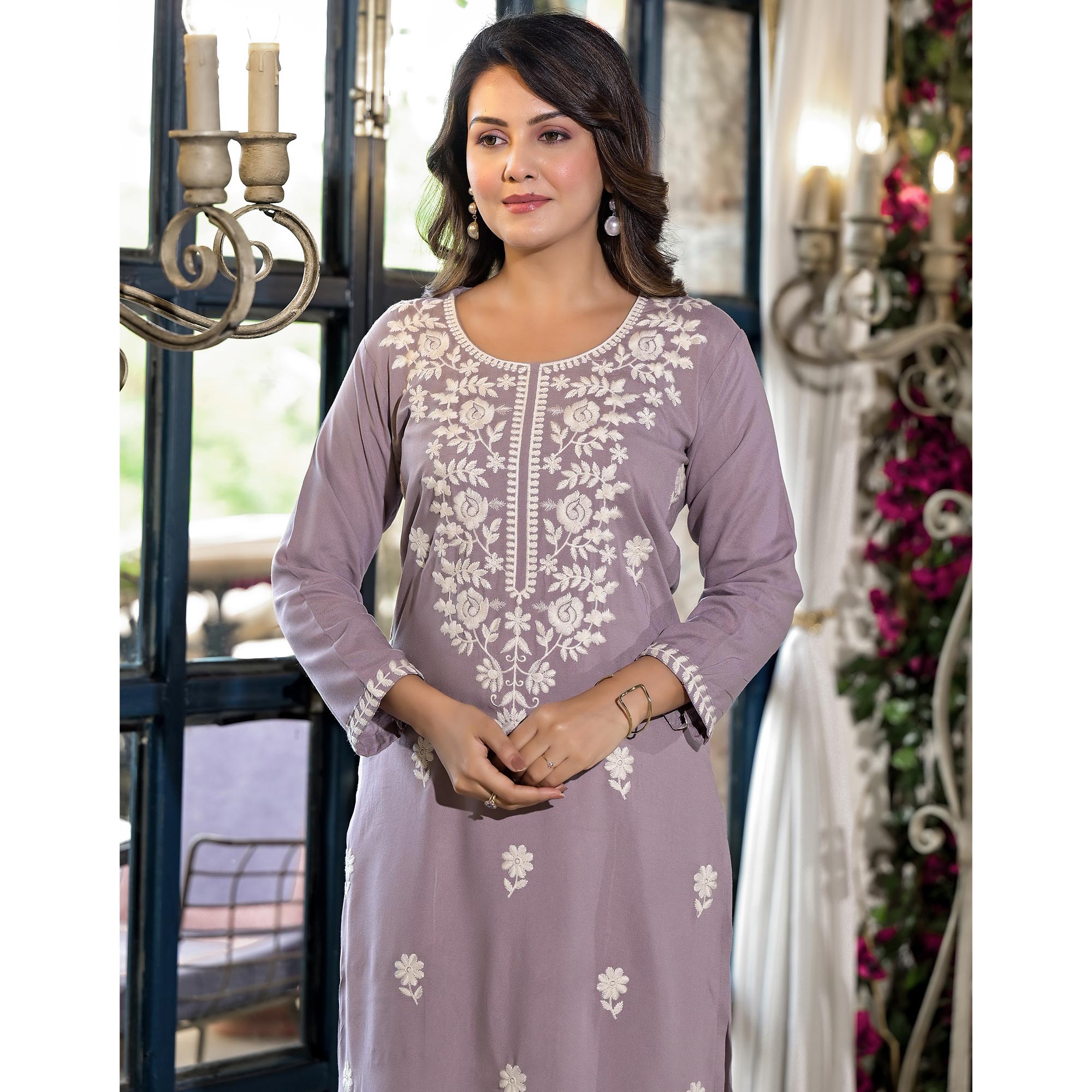 Dusty Lavender Floral Embroidered Rayon Straight Kurti