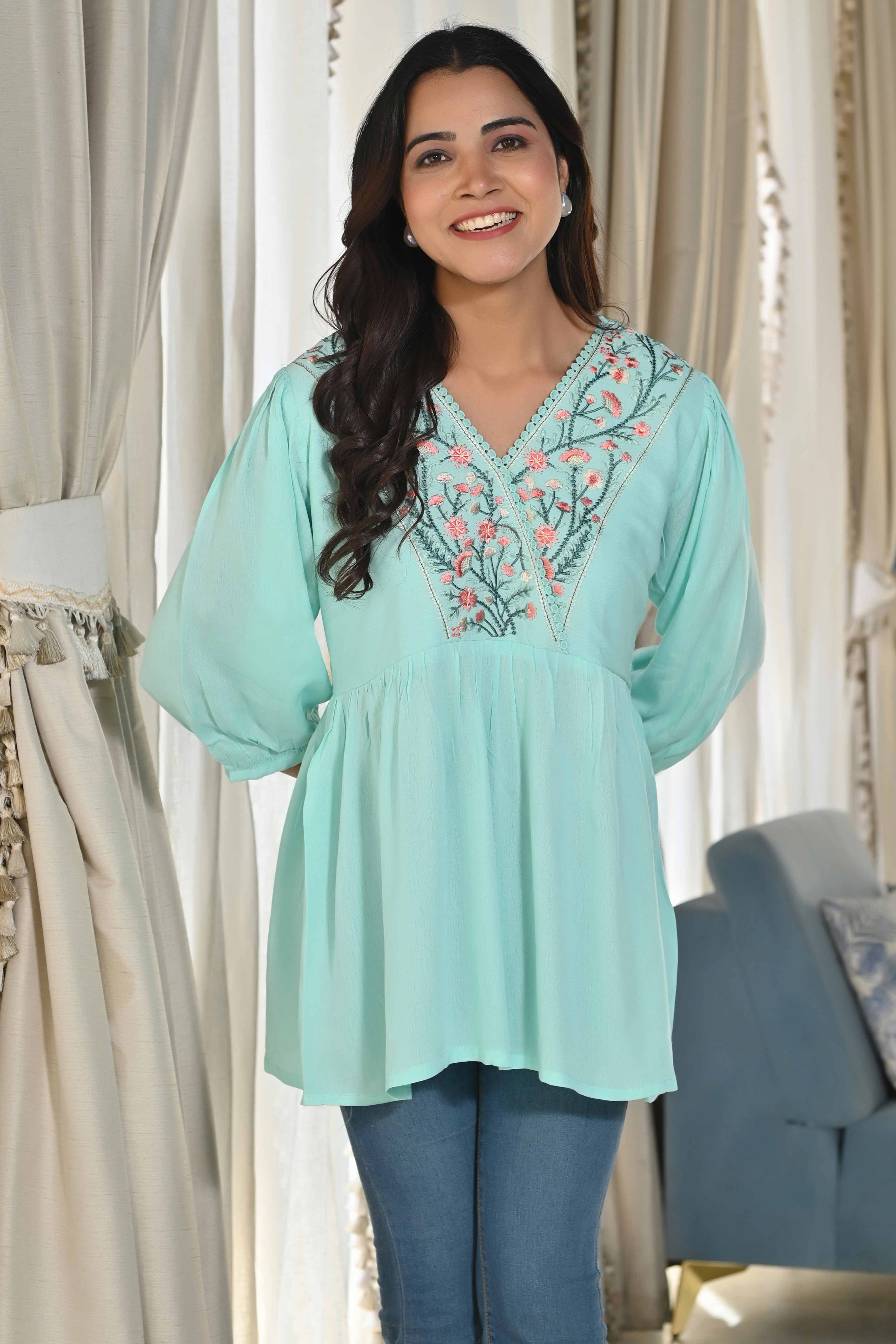 Sea Green Rayon Yoke Embroidered Rayon Rinkle Top