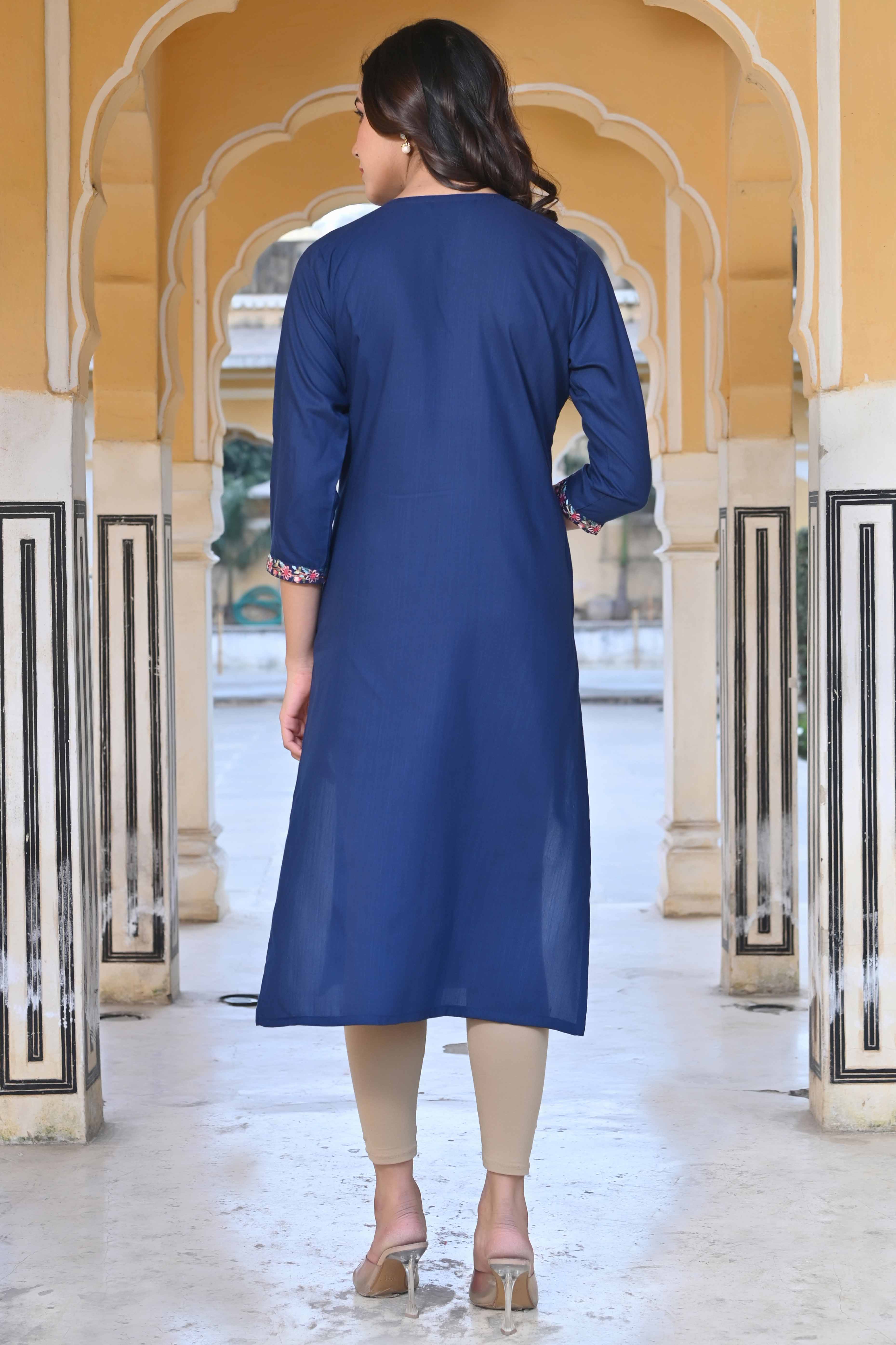 Blue Yoke Embroidered Rayon Slub Straight Kurti