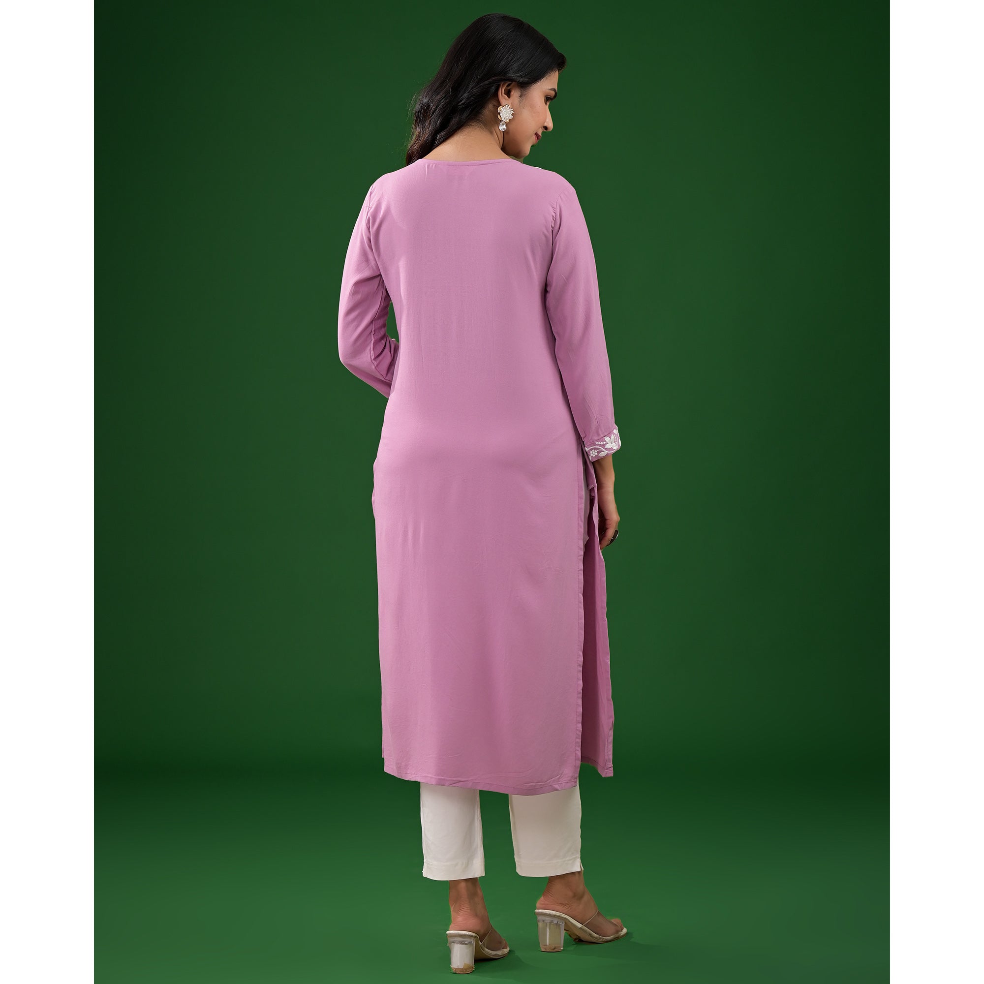 Pink Embroidered Rayon Straight Kurti