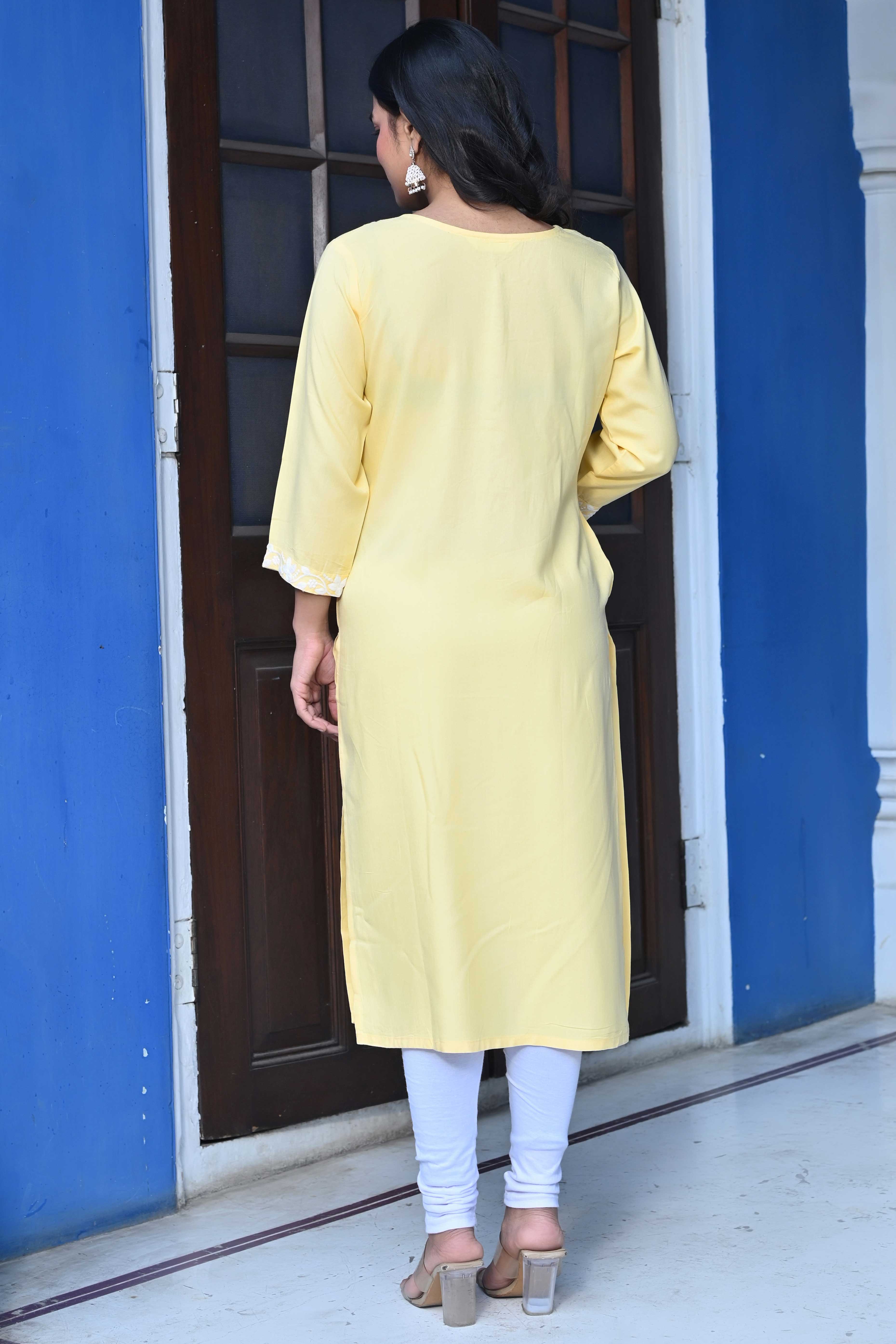 Yellow Embroidered Rayon Straight Kurti