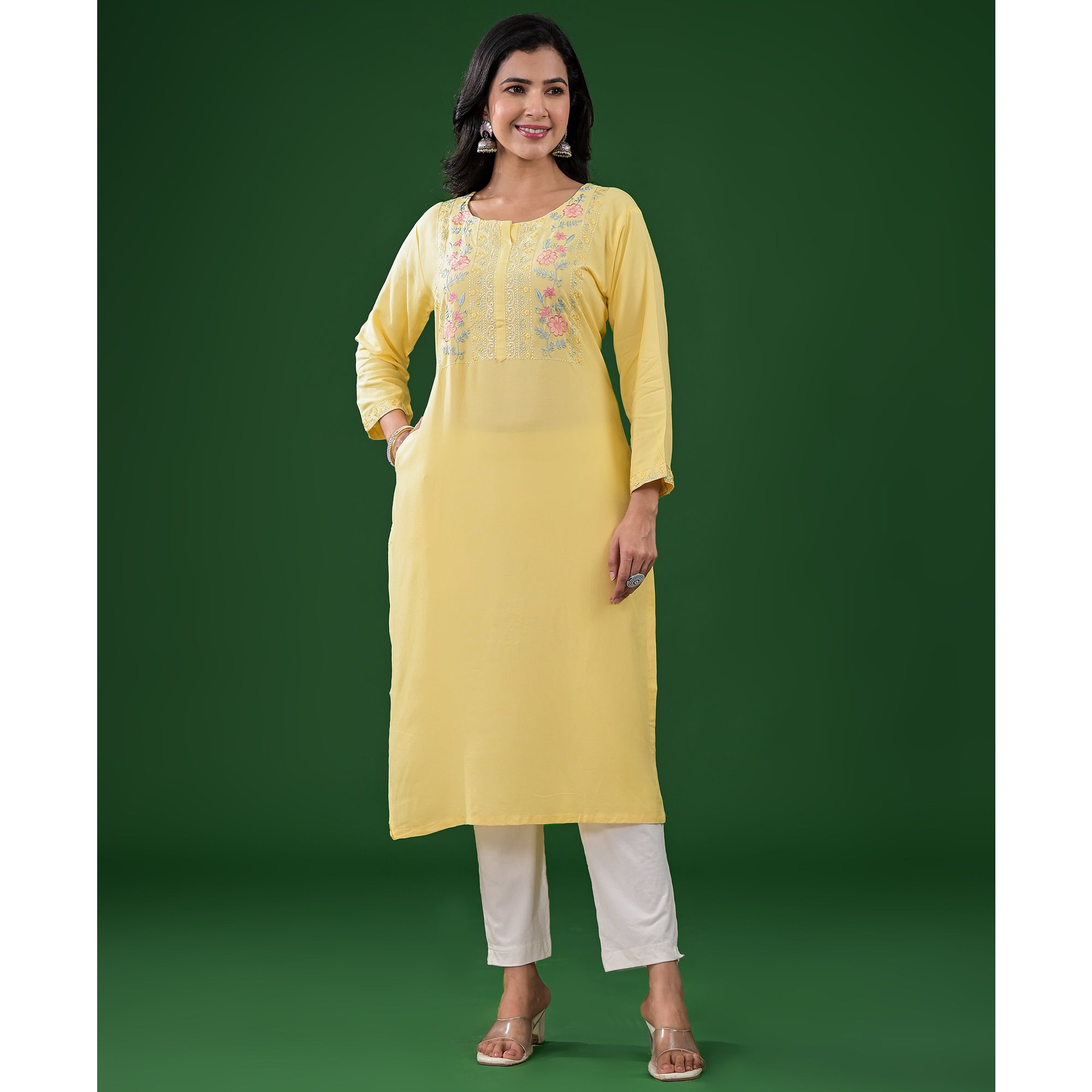 Yellow Embroidered Rayon Straight Kurti