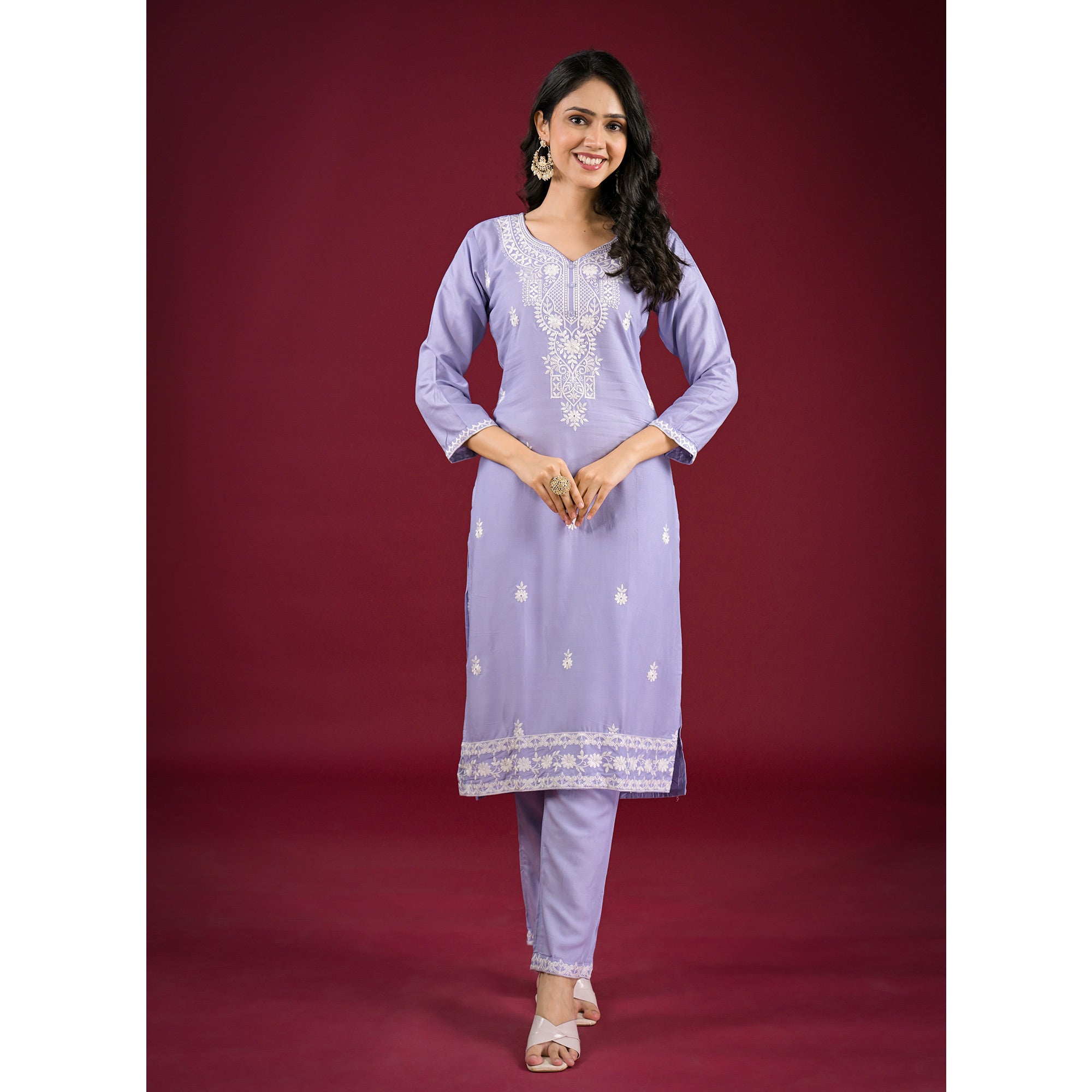 Bluish Lavender Floral Embroidered Rayon Salwar Suit