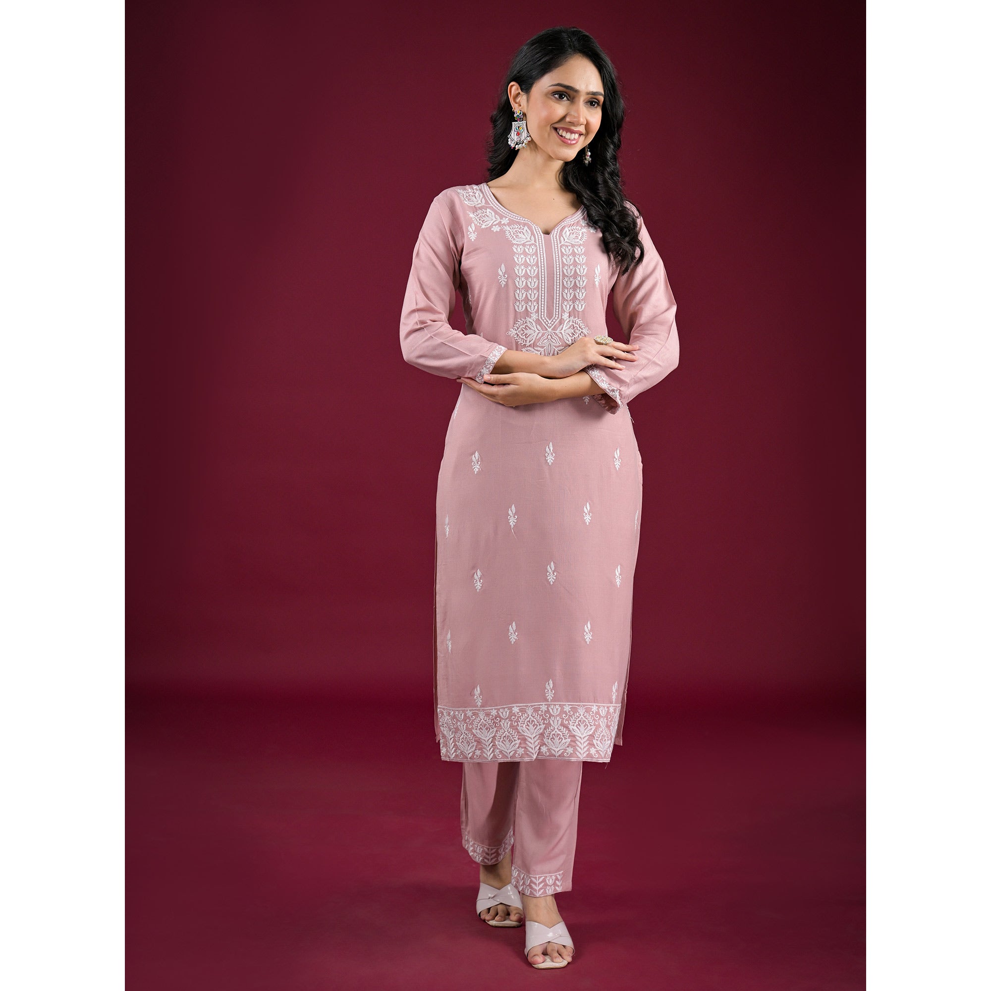 Mauve Floral Embroidered Rayon Salwar Suit