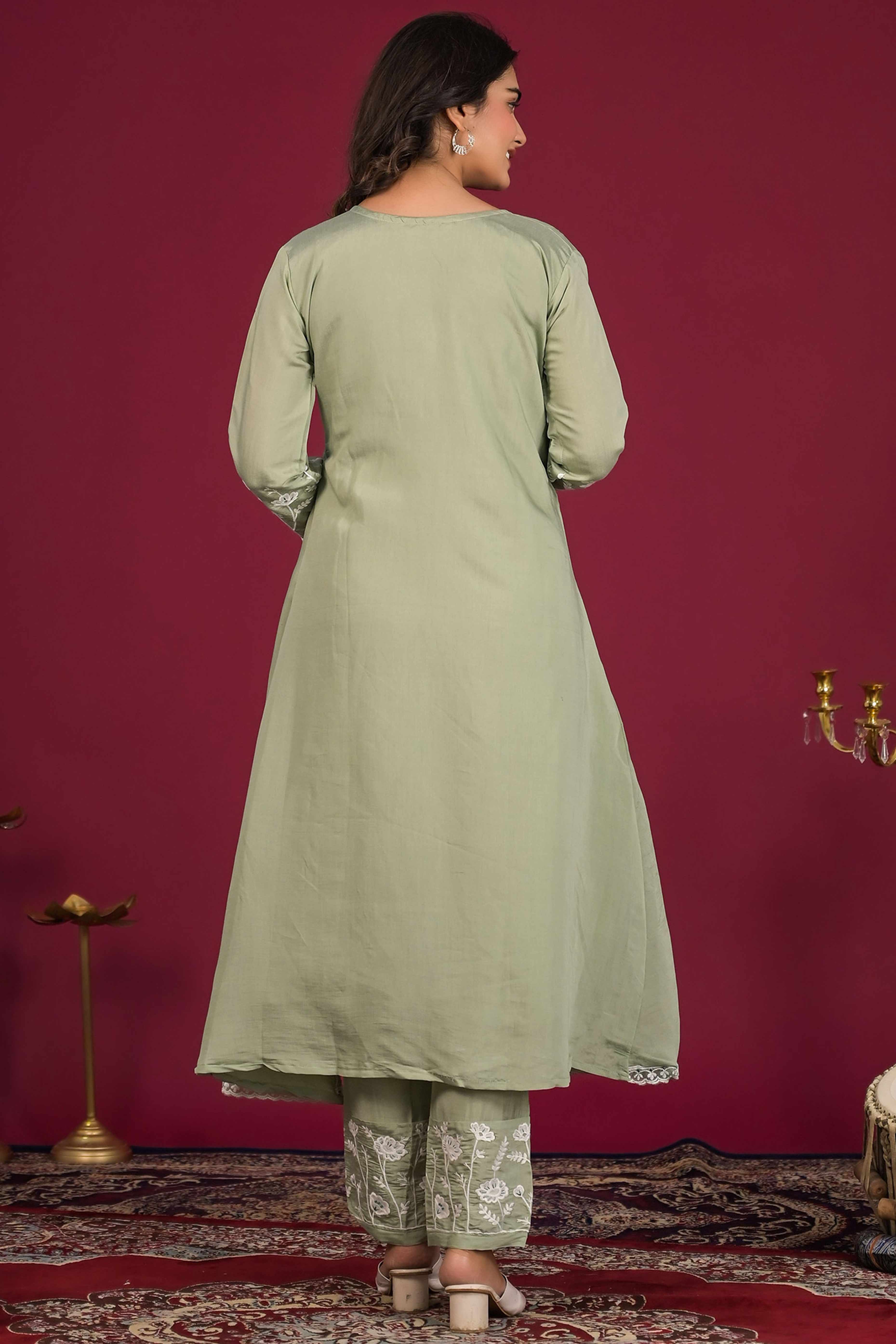 Sea Green Floral Embroidered Chanderi Top Bottom Set