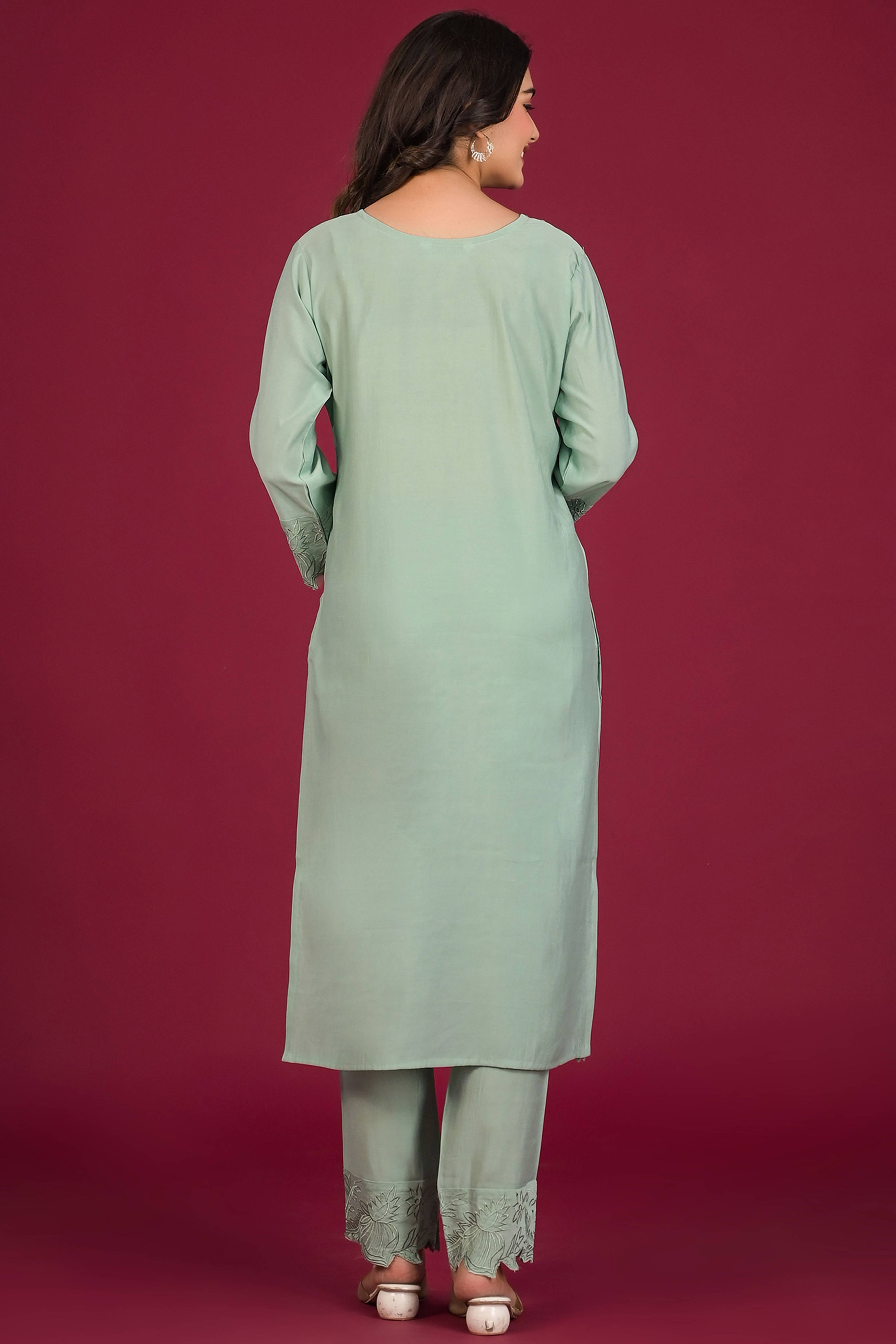 Pista Green Floral Embroidered Chanderi Top Bottom Set