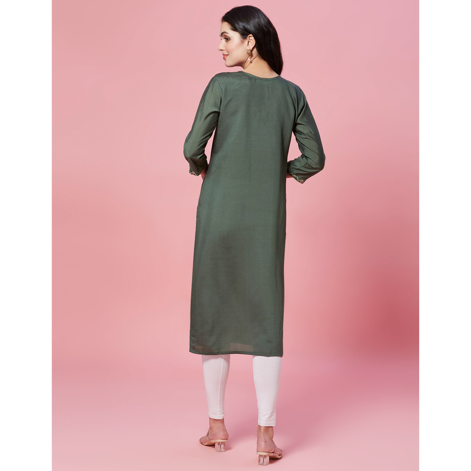 Green Embroidered Chanderi Straight Kurti