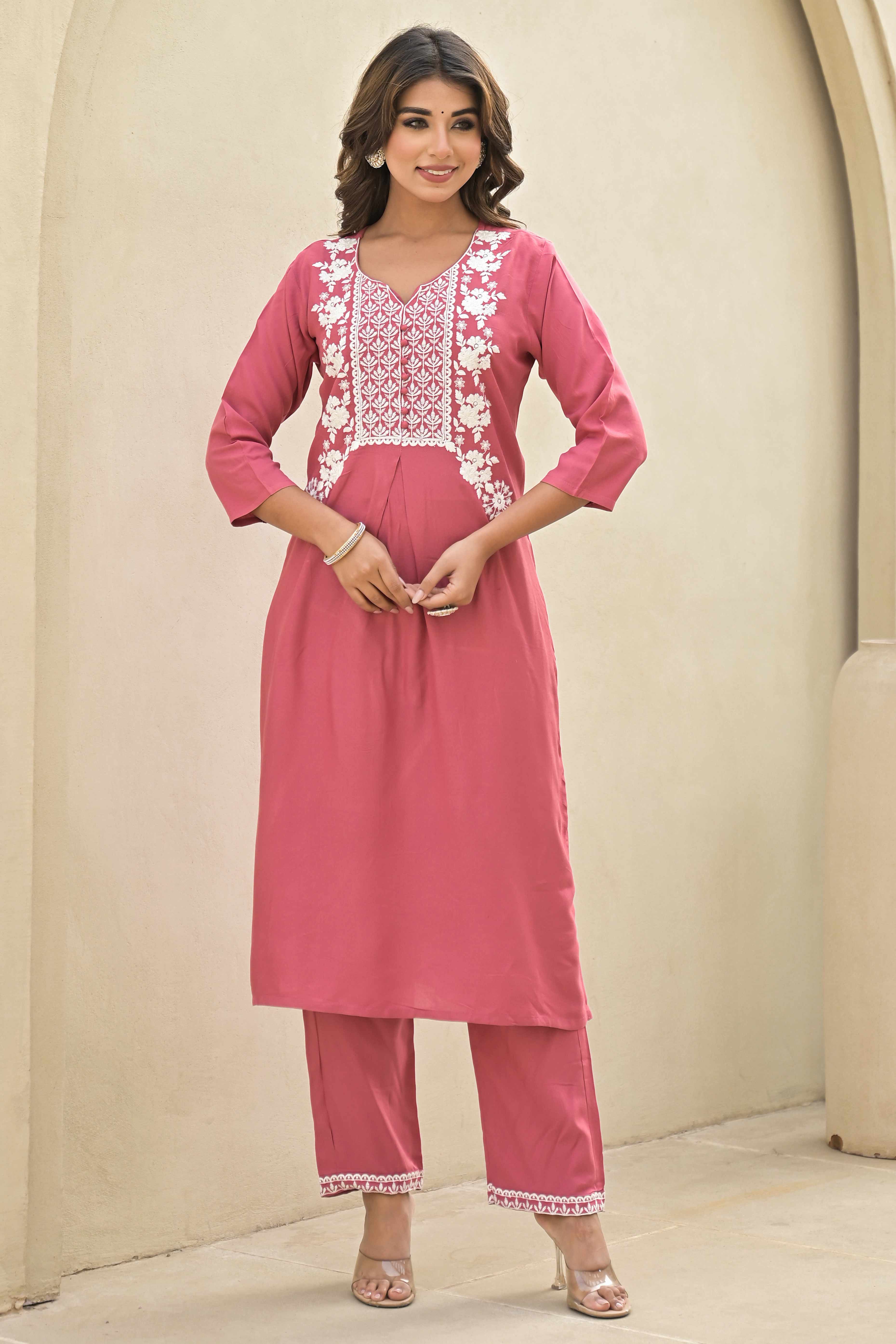 Gajri Pink Floral Embroidered Rayon Salwar Suit