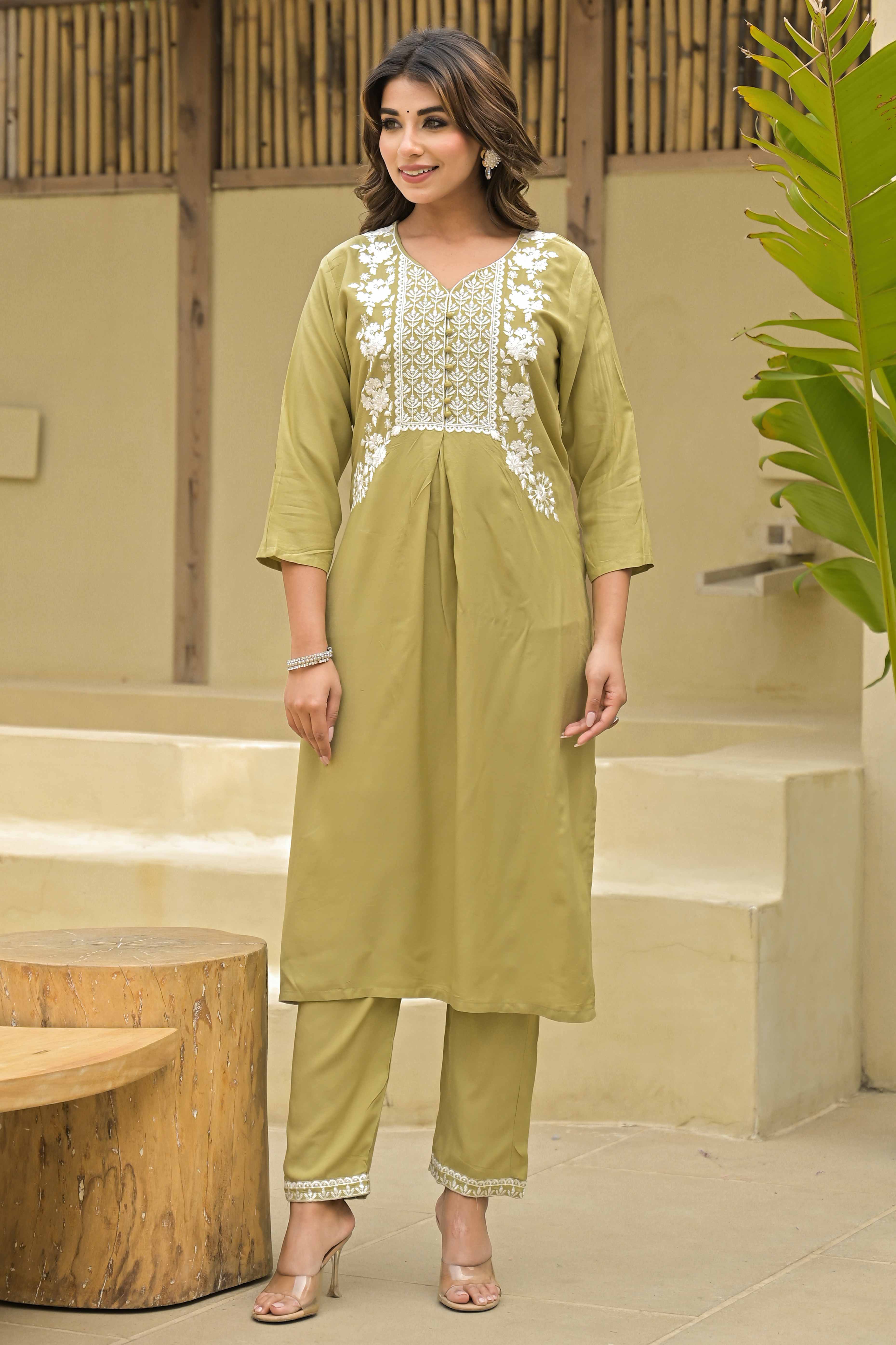 Light Chikoo Floral Embroidered Rayon Salwar Suit