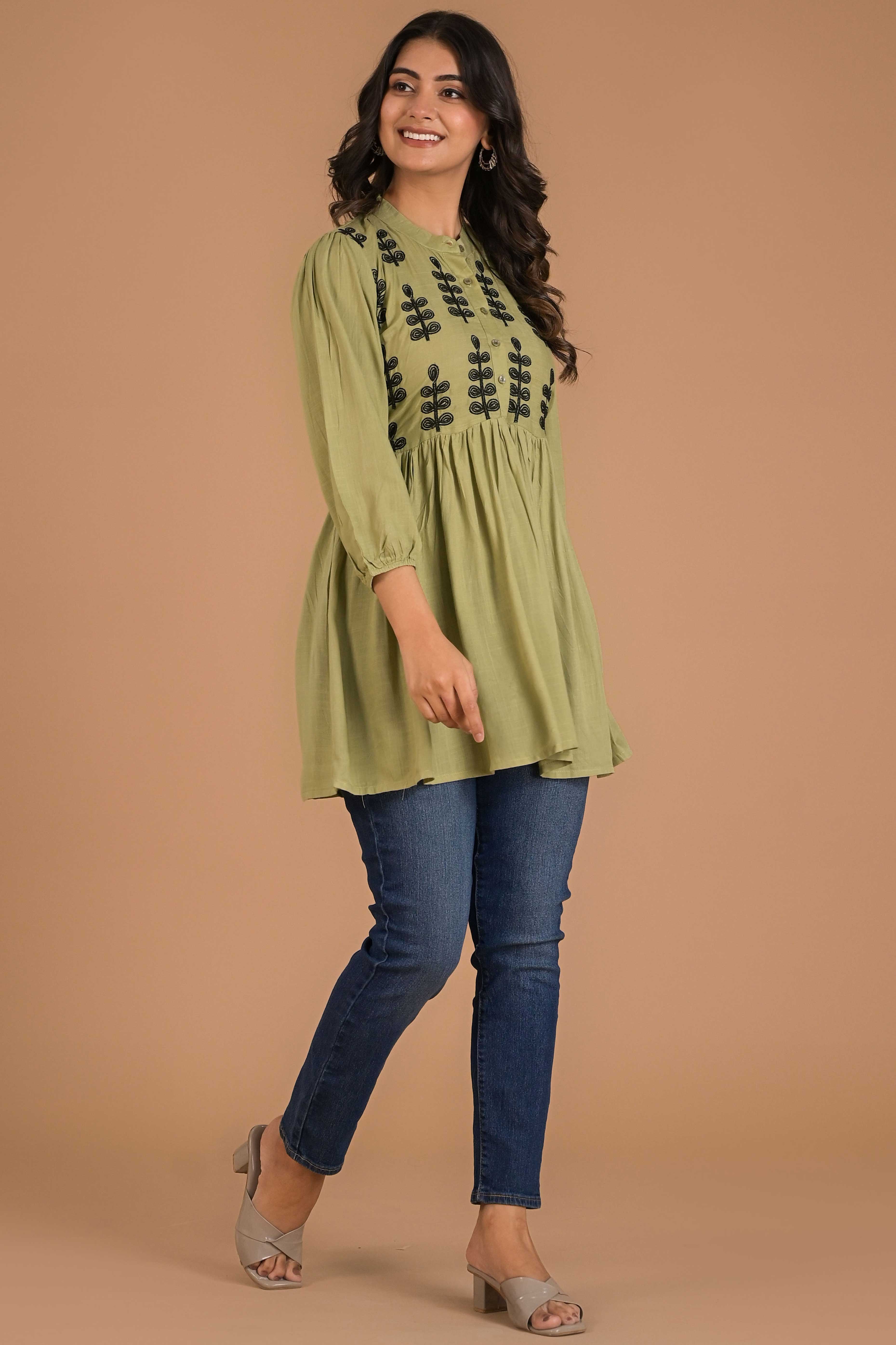 Green Embroidered Cotton Slub A-Line Top