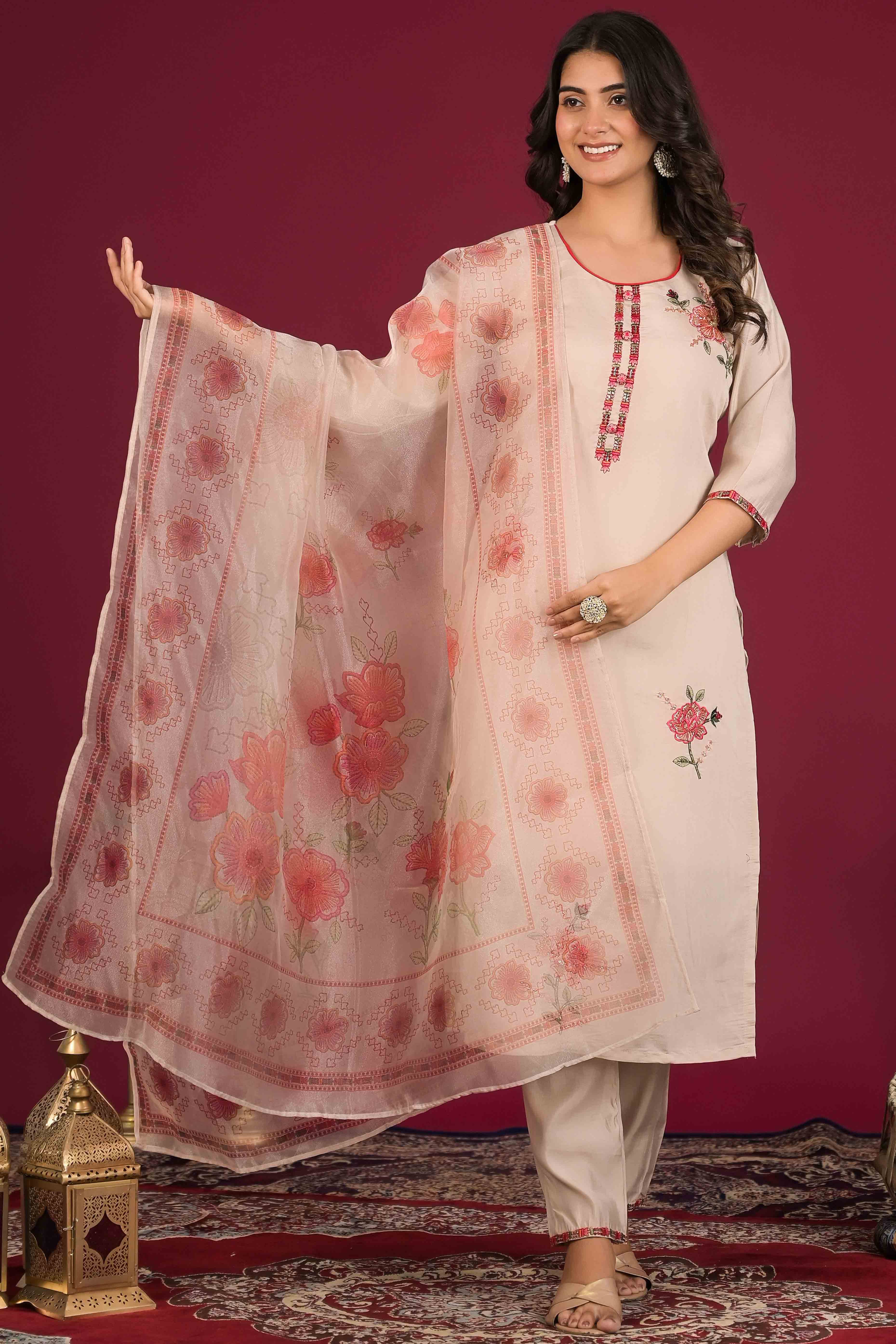 Beige Floral Embroidered Chanderi Salwar Suit