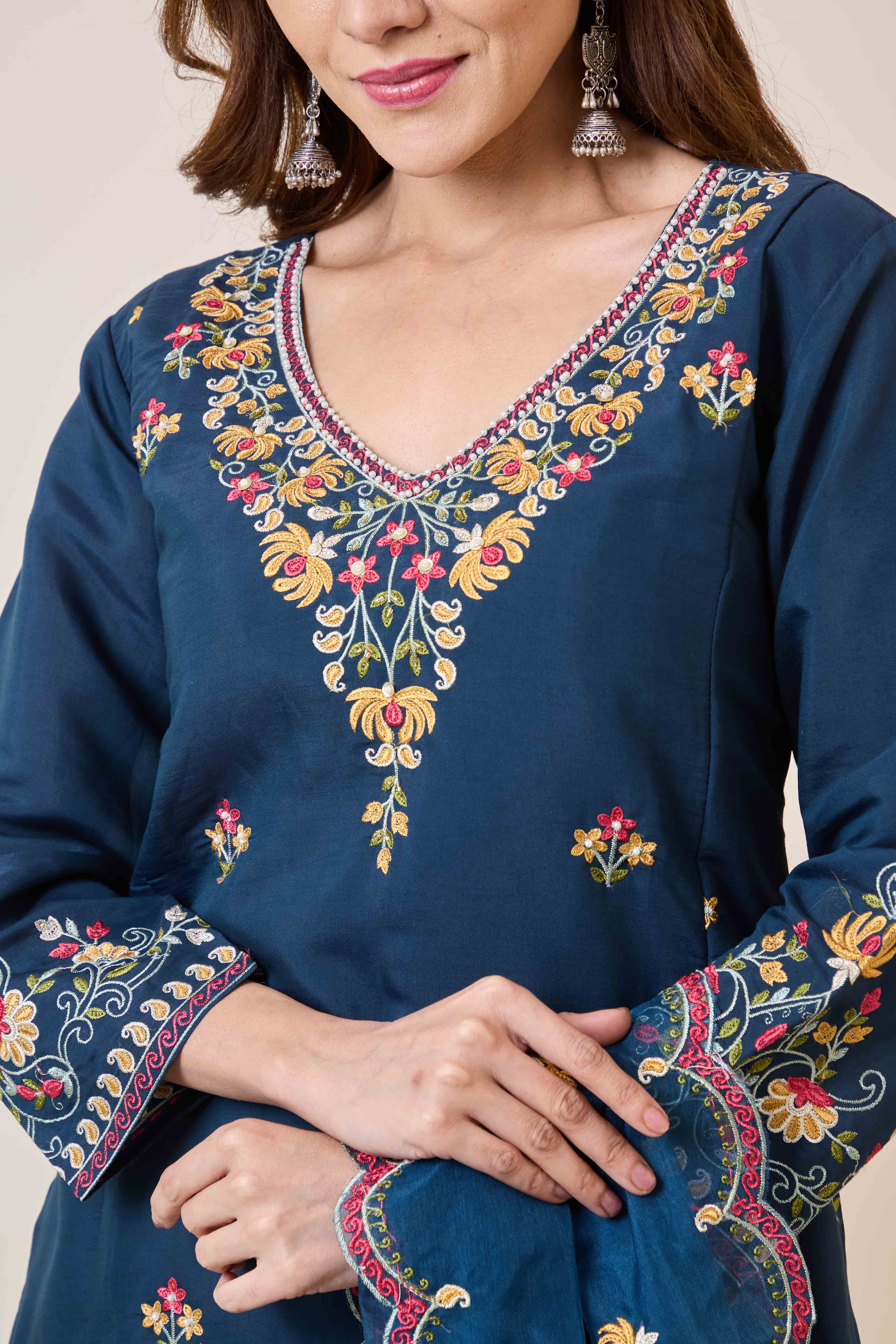 Prussian Blue Floral Hand Work Embroidered Chanderi Salwar Suit