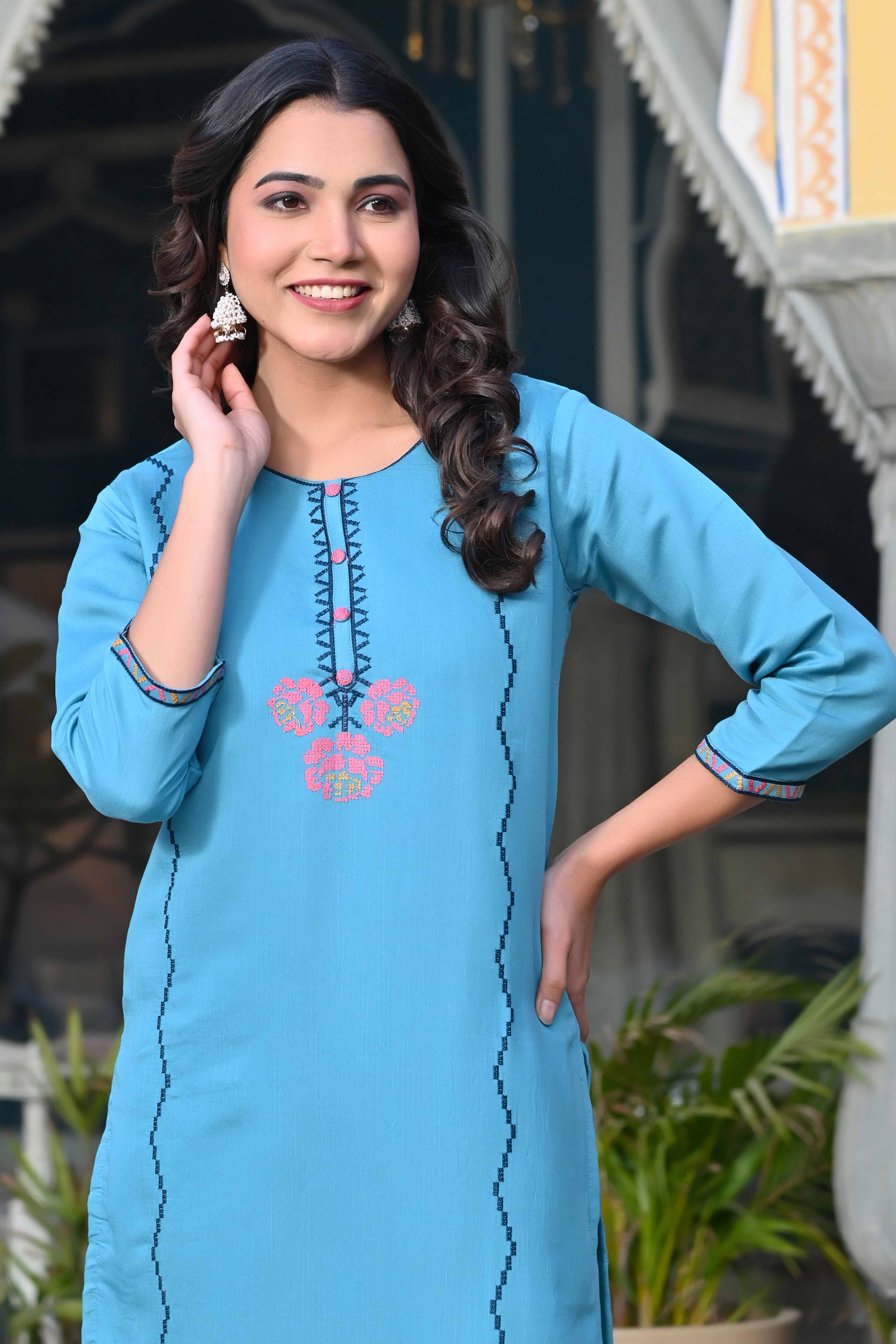 Rama Blue Floral Embroidered Viscose Straight Kurti