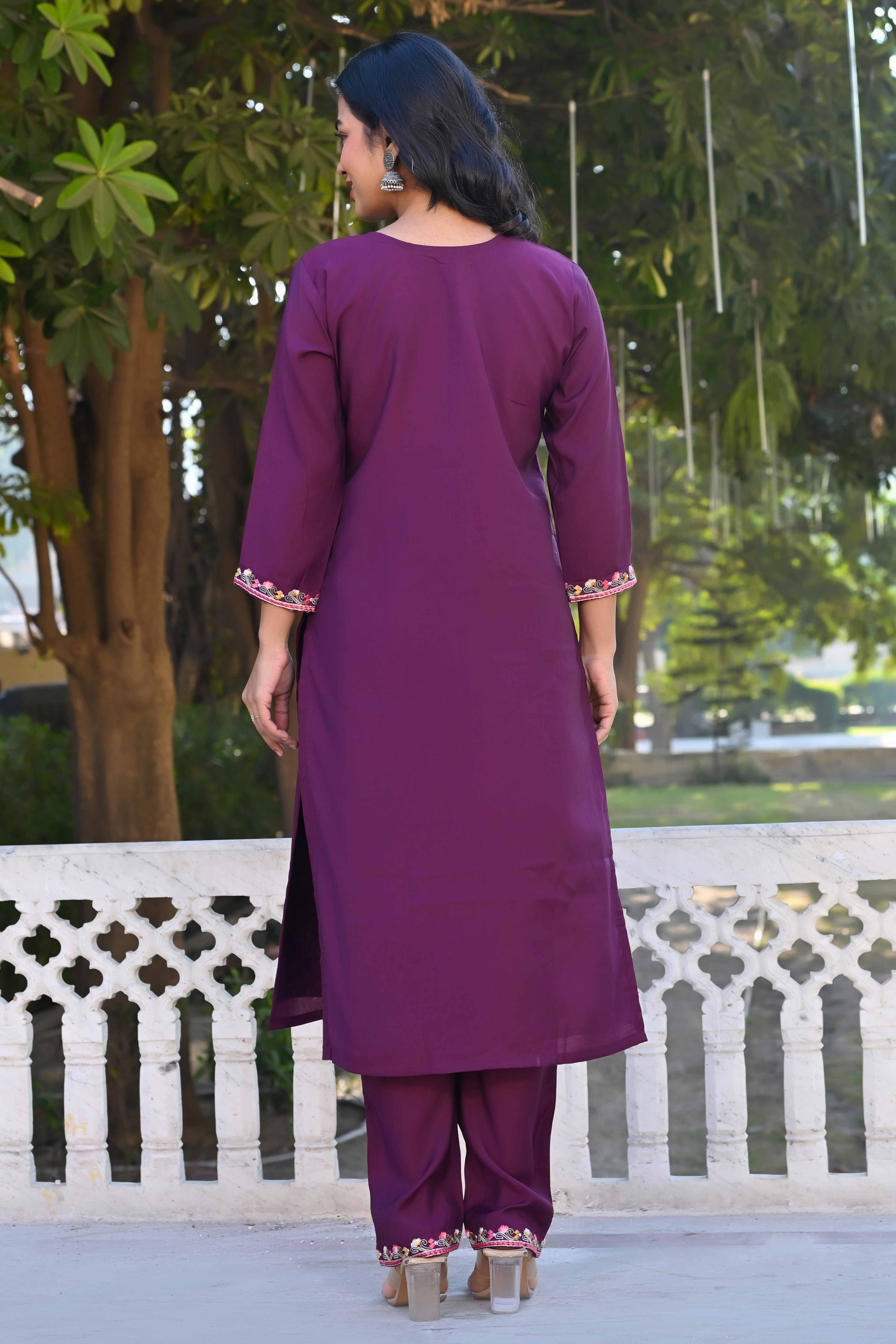 Dark Purple Floral Hand Work Viscose Straight Salwar Suit