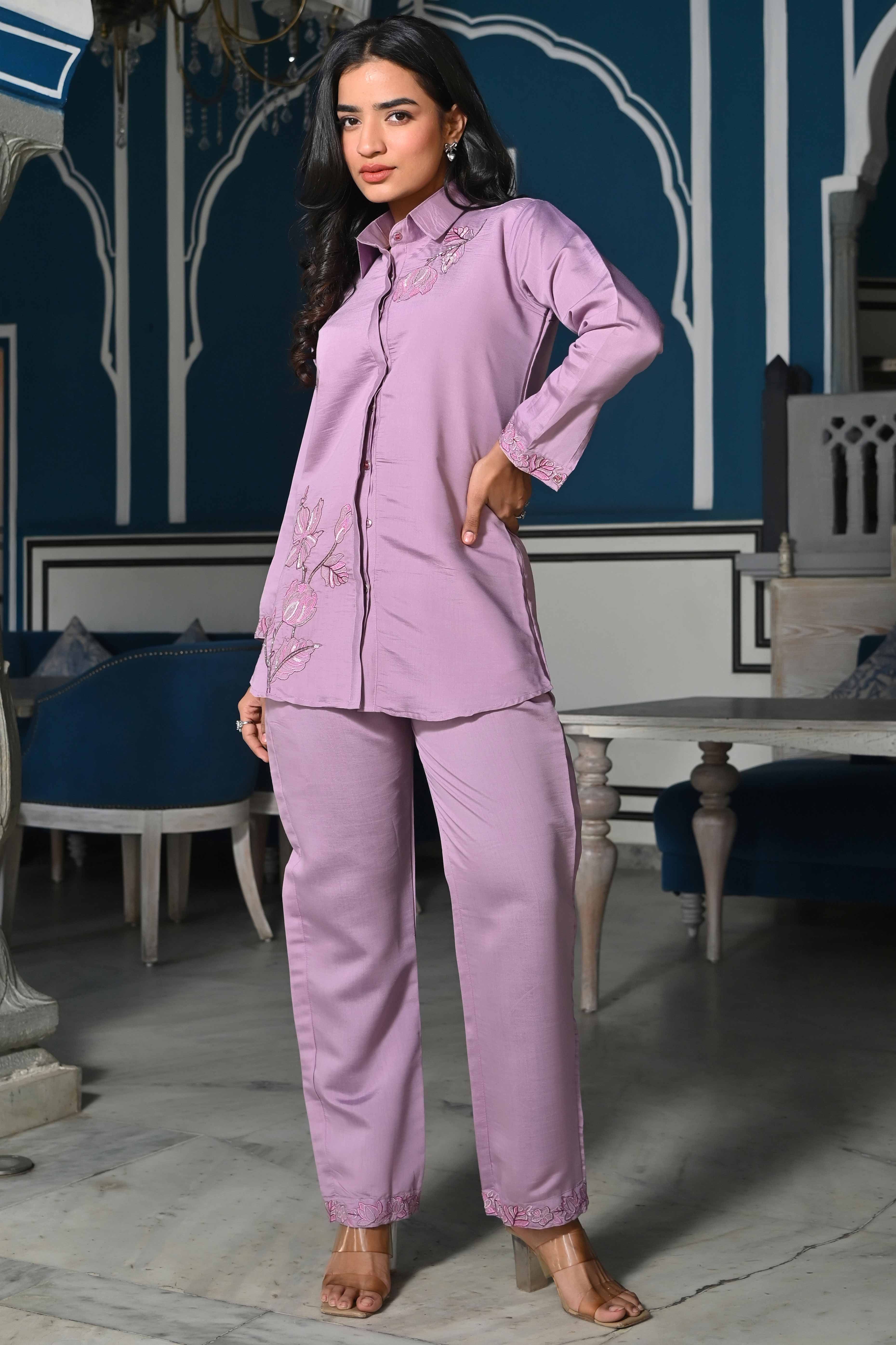 Mauve Floral Hand Work Embroidered Chanderi Co-Ord Set