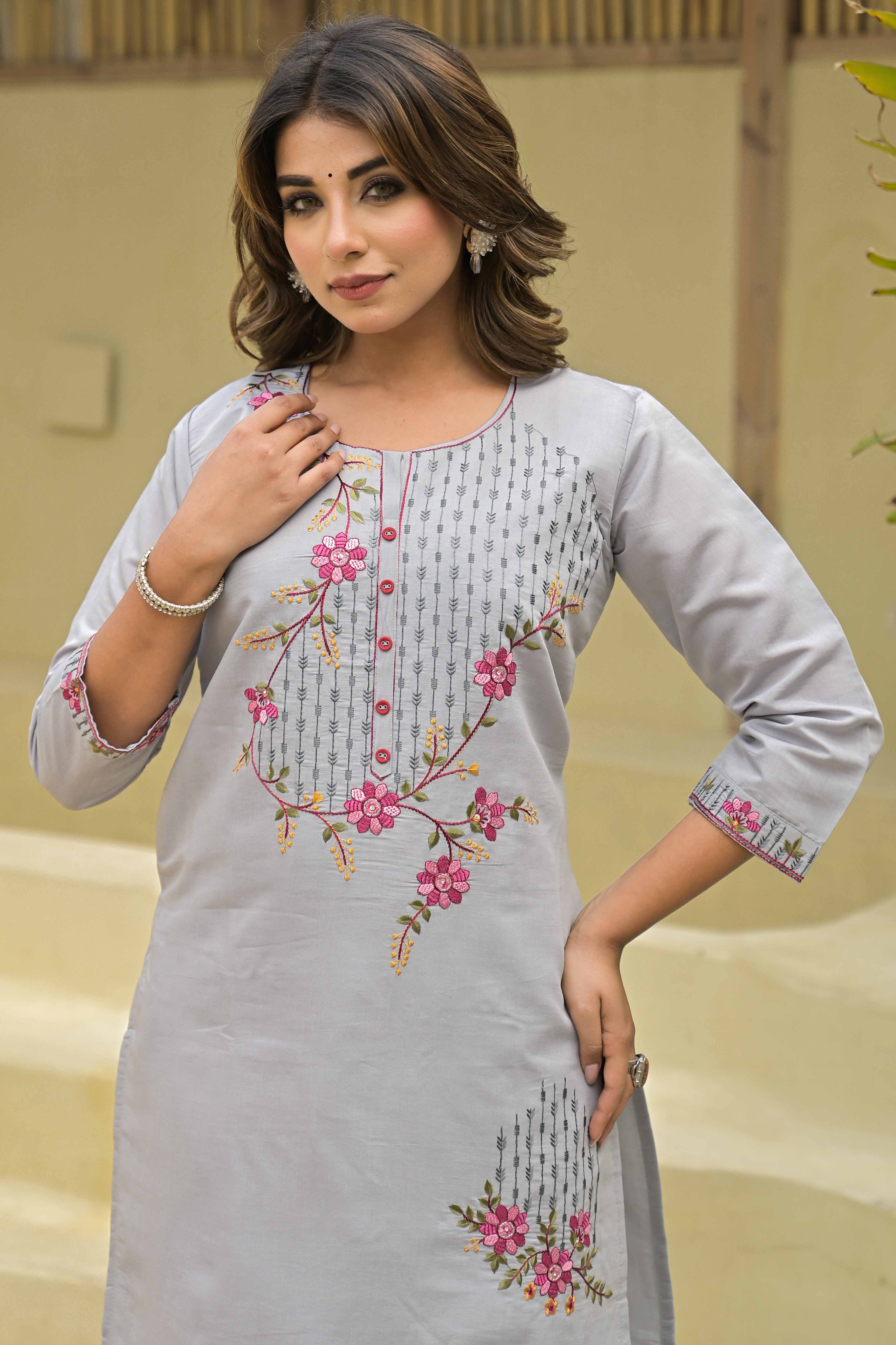 Grey Floral Embroidered Chanderi Straight Kurti With Handwork