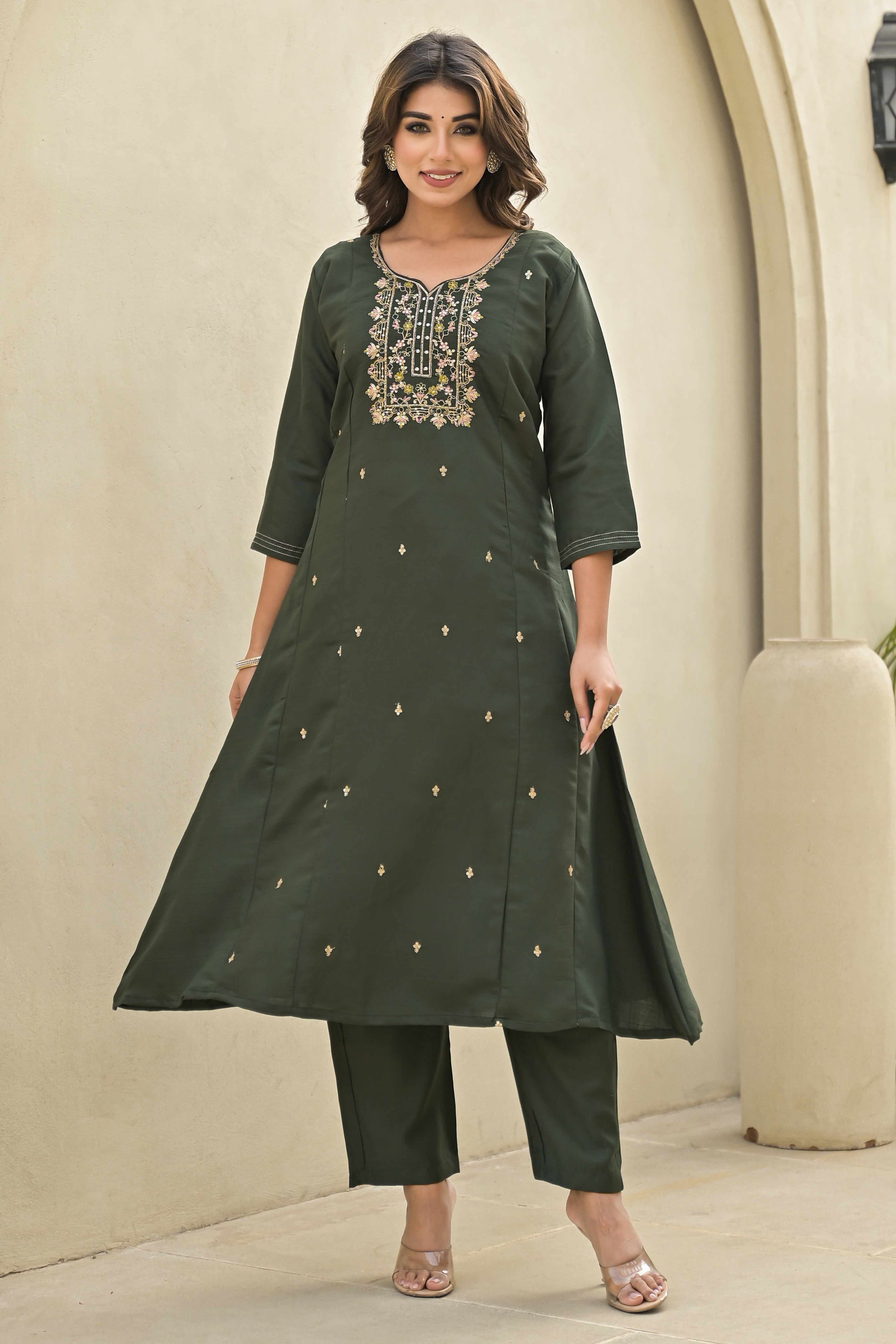 Mehandi Green Floral Embroidered Viscose A-Line Salwar Suit