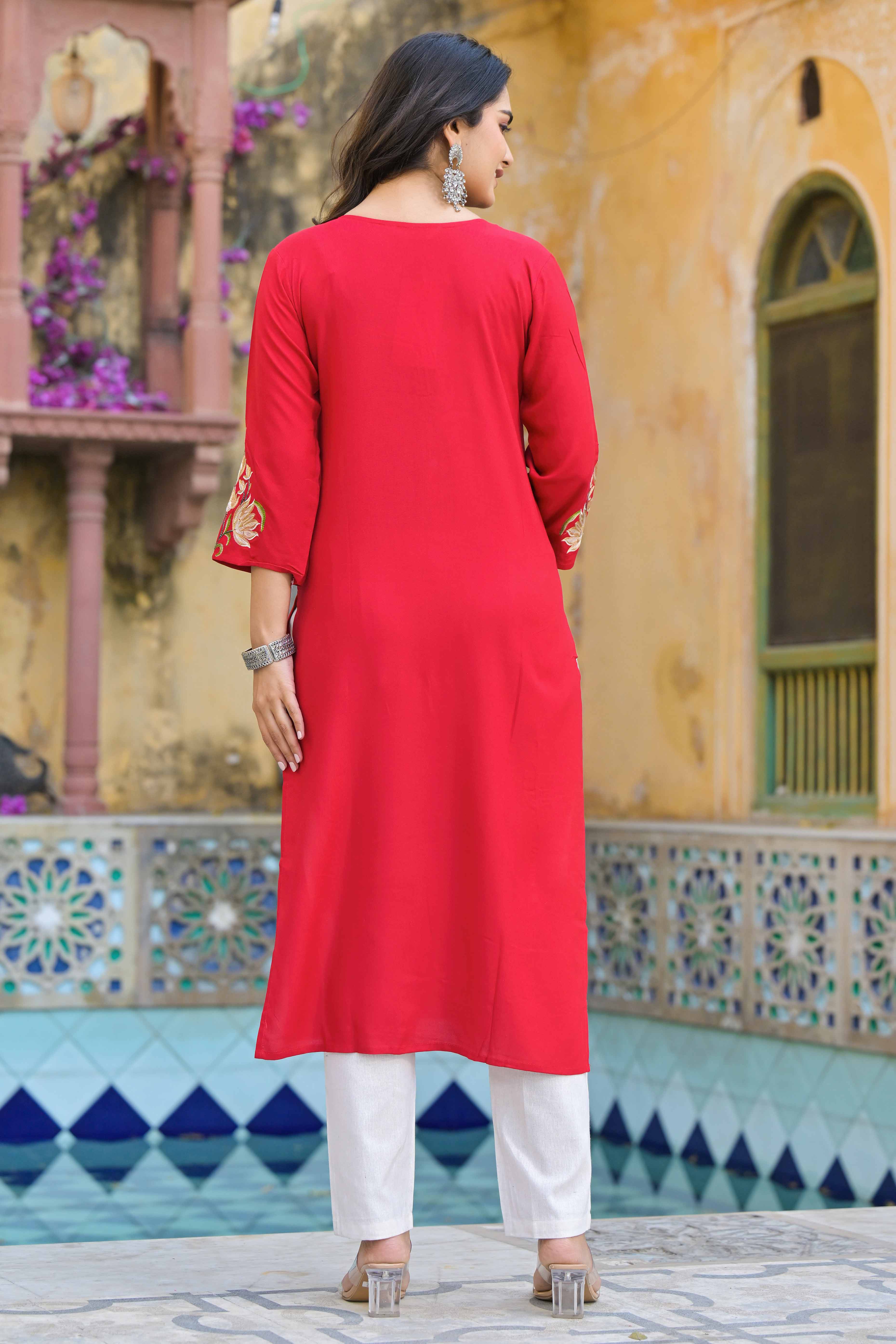 Red Floral Embroidered Viscose Rayon Straight Kurti
