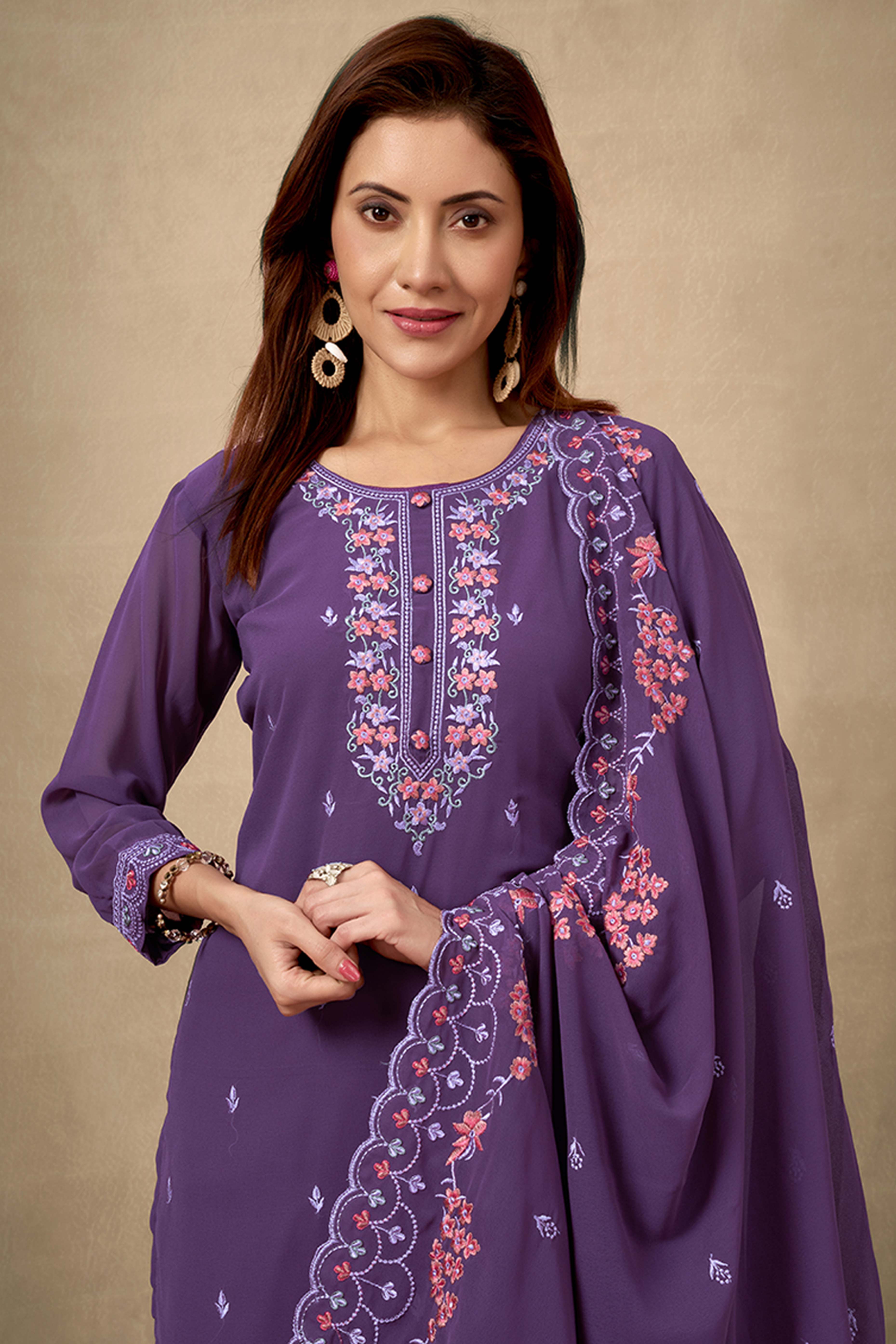 Wine Embroidered Straight Salwar Suit in Heavy Viscose Georgette