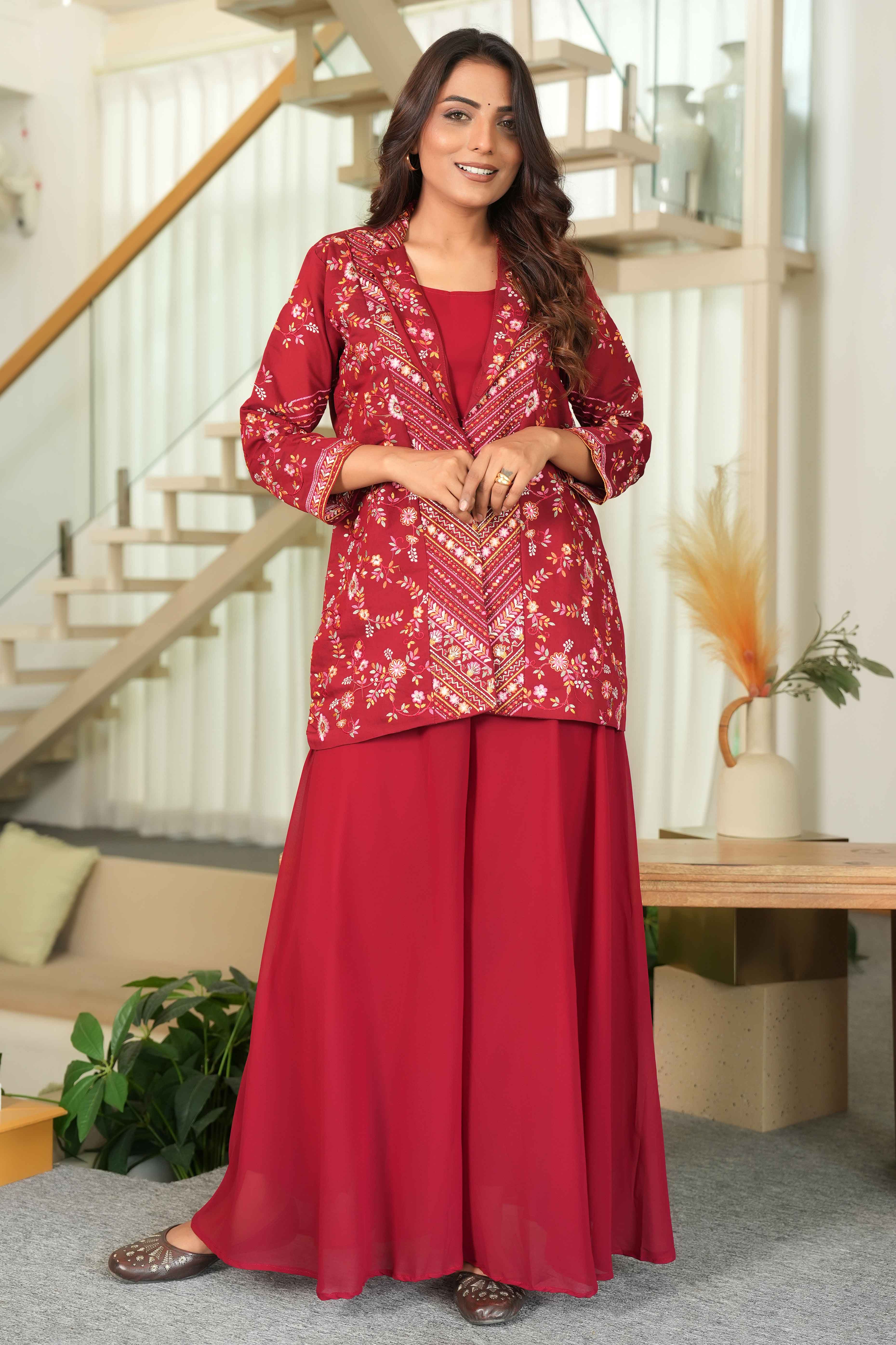 Maroon Solid Co-Ord Ensemble in Chanderi Silk with Heavily Embroidered Coat