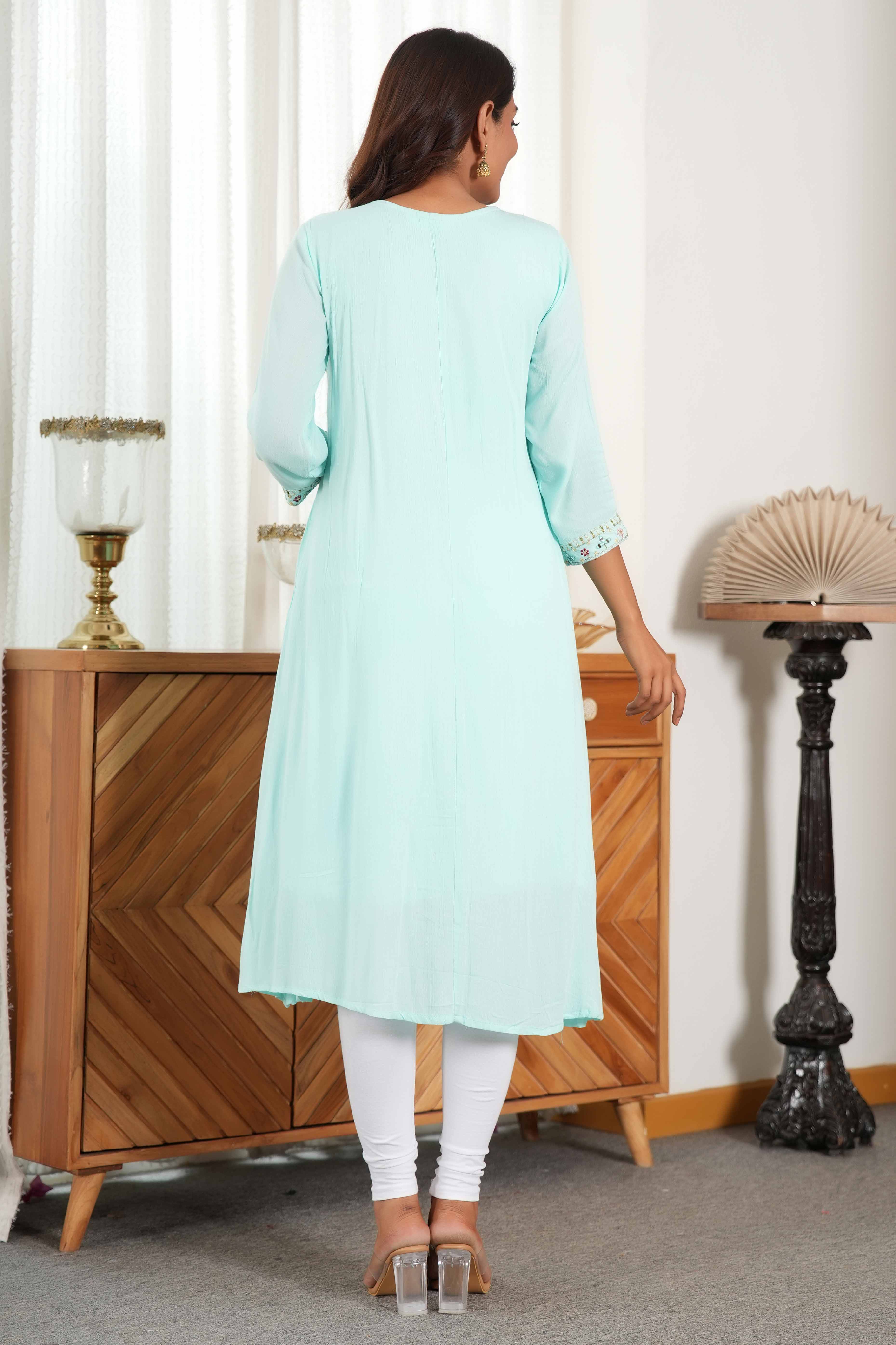 Soft Sky Blue Rayon A-Line Dress Accented with Fine Neck Embroidery
